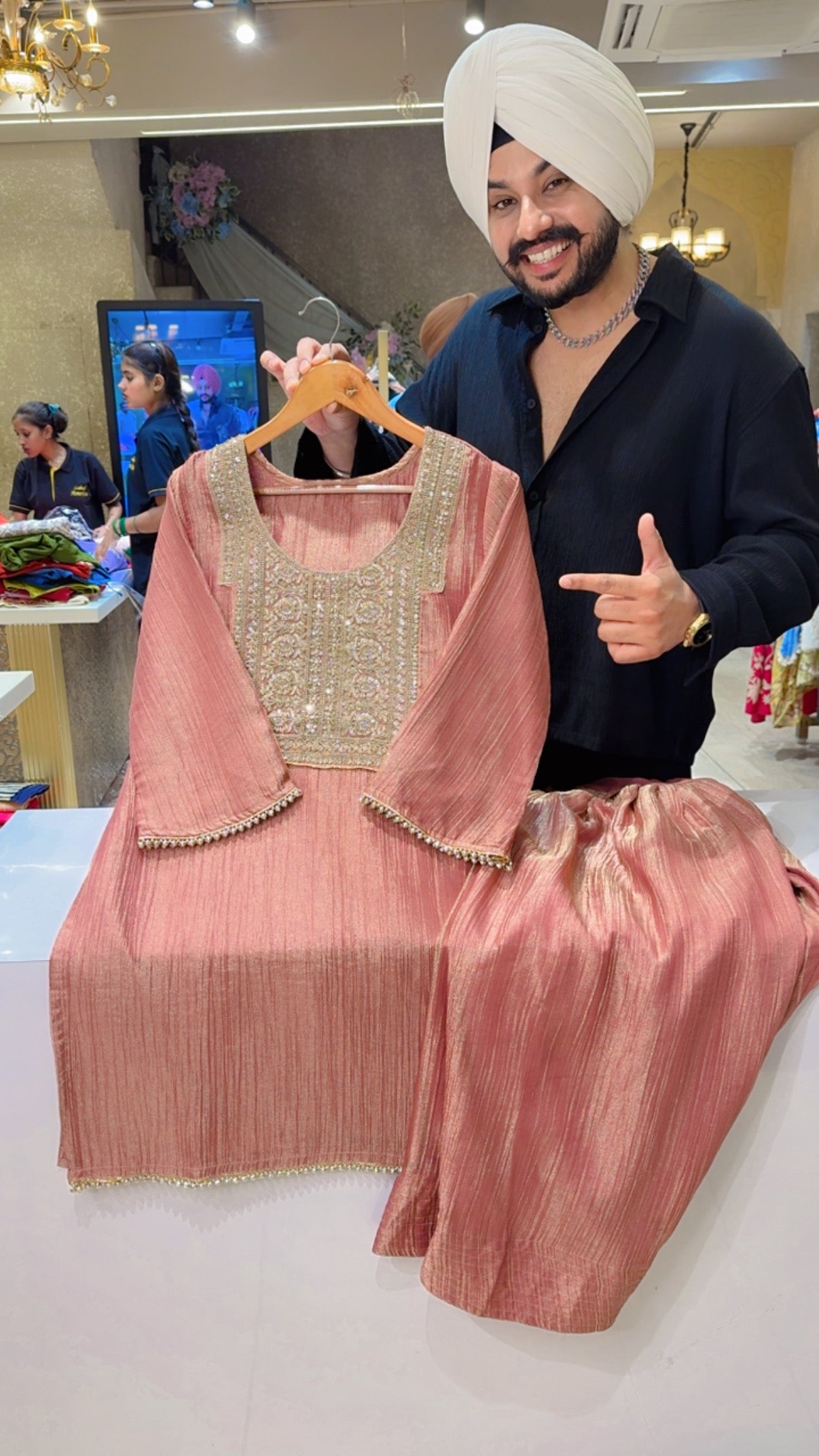 Onion Pink Crush Shimmer Tissue Hand Embroidered Party Wear Farshi Coordset
