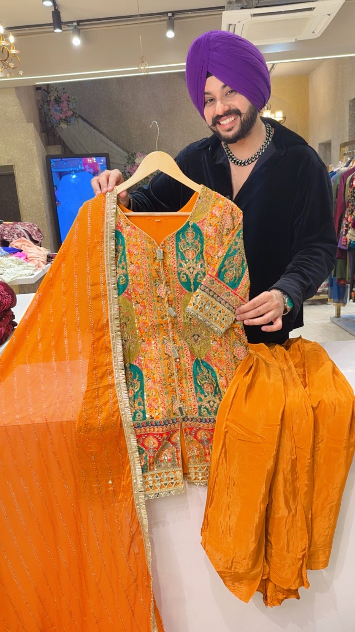 Mustard Crepe Heavy Embroidered Half sleeves Drape set with Beautiful Duppata