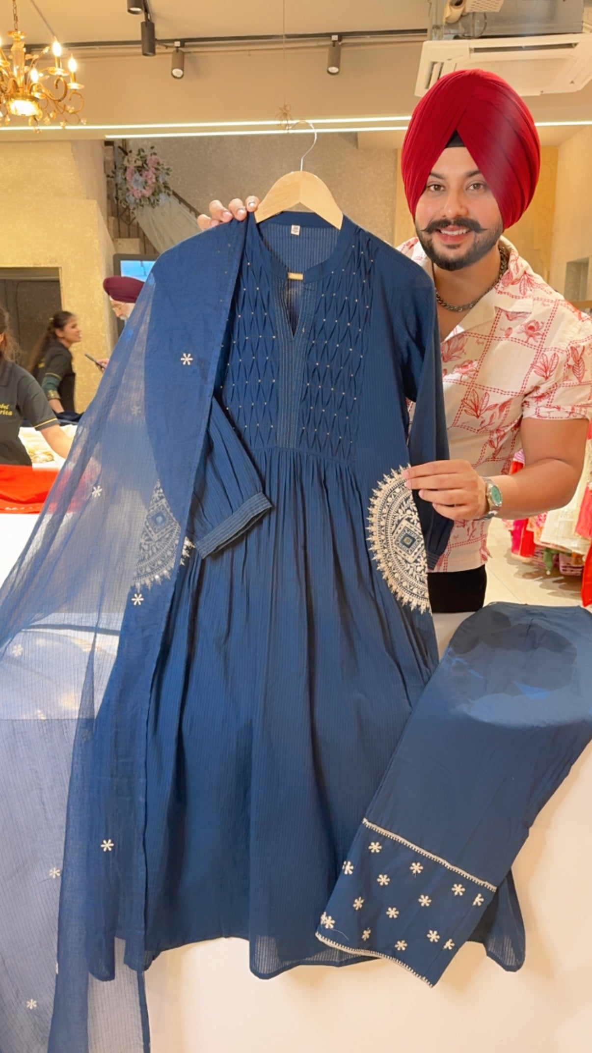 Dark Blue Colour Pure Cotton Designer embroidered A-line Suit with Beautiful Kota Doria Duppata