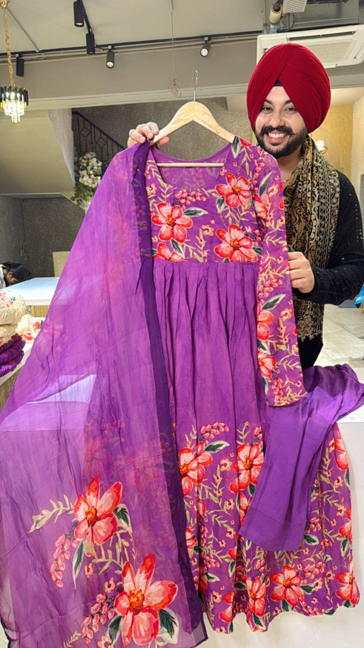 Vibrant Purple Organza Floral Print girlish Anarkali Suit with Hand embroidery work on neck