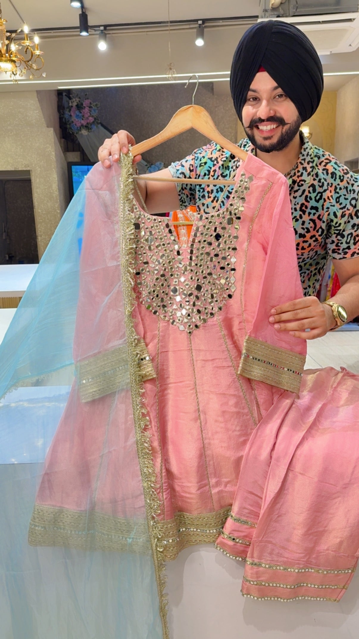 Pastel Pink Shimmer Silk Heavy Mirror Embroidered Semi Backless Paplum Farshi Salwar Set with Kiran Lace Sea Blue Organza Duppata