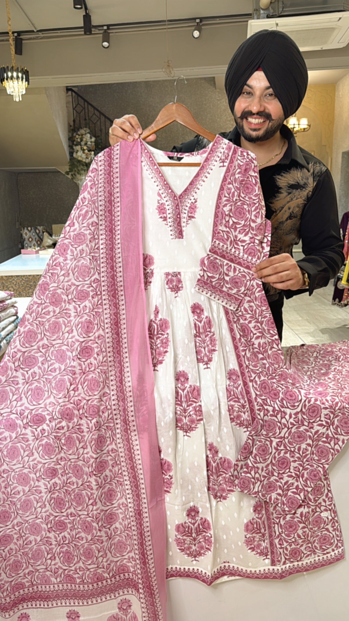 Moon White & Pink pure Cotton A-line Front Gathering Suit with Beautiful Duppata