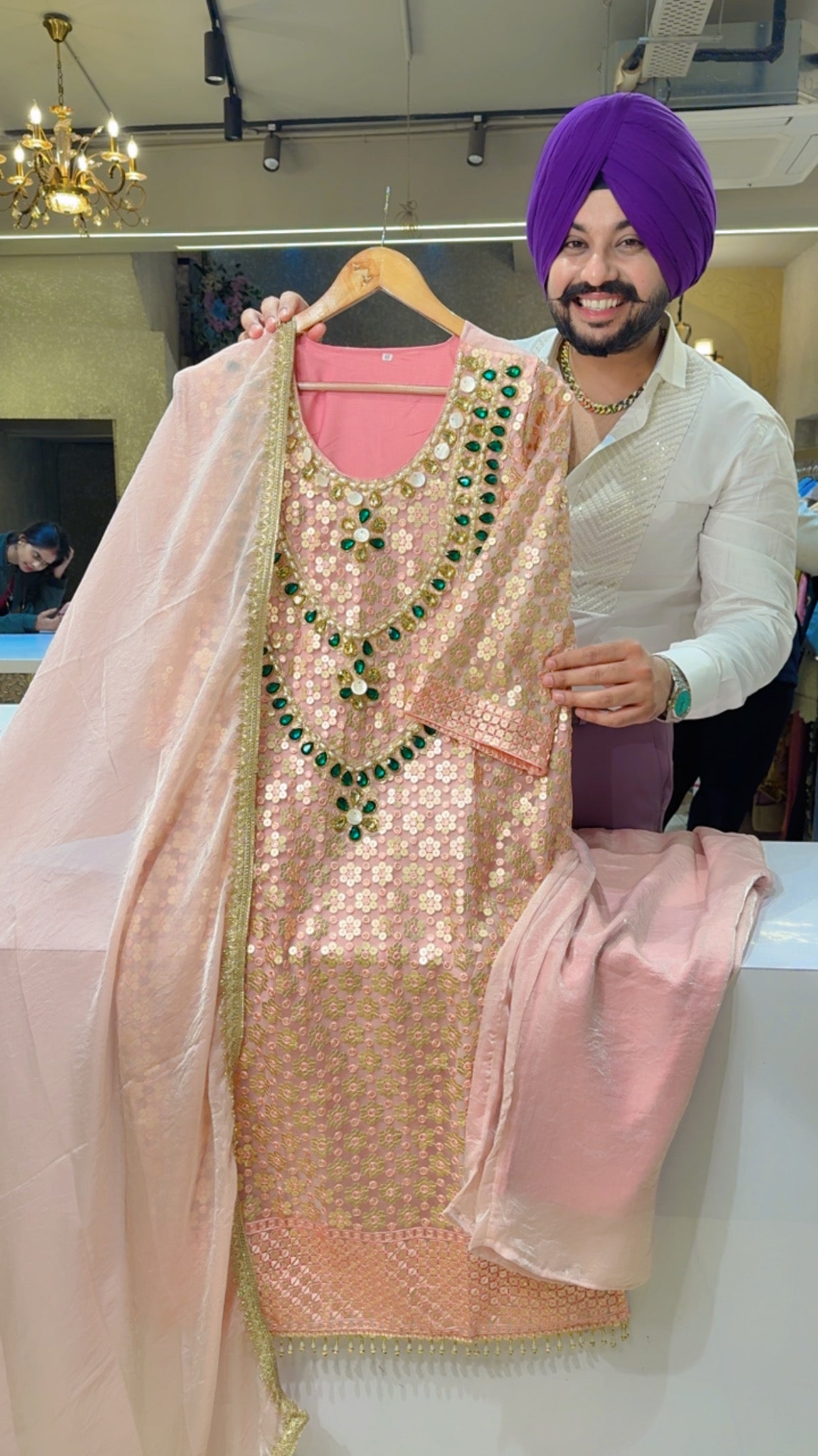 Baby Pink Crush Soft Organza Fully Sequins Work Straight Suit with Heavy Stone Work On the Maharani Neck