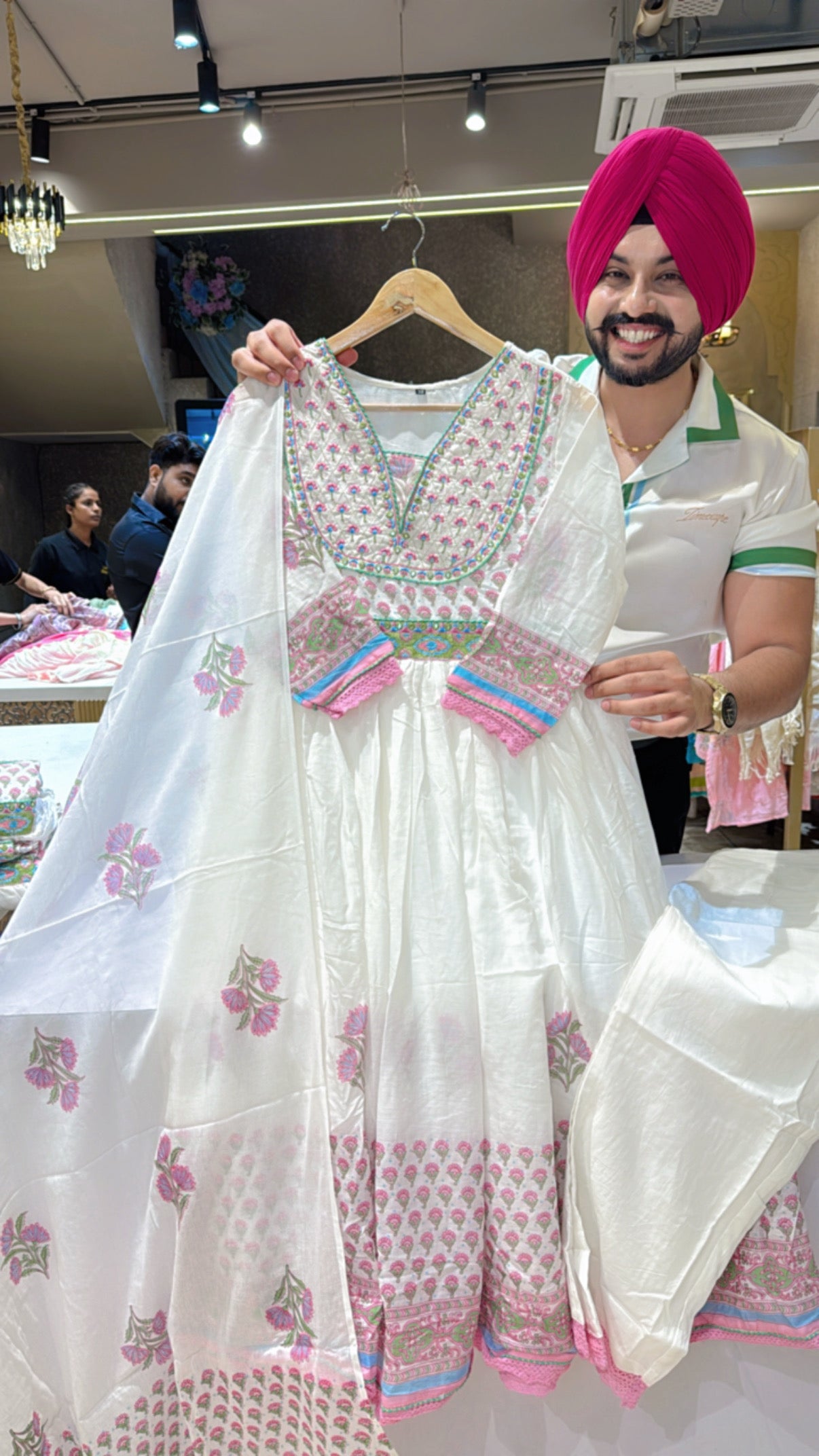 Moon White & pink Mal Cotton Summerish Anarkali Suit with Beautiful Embroidery Work on neck