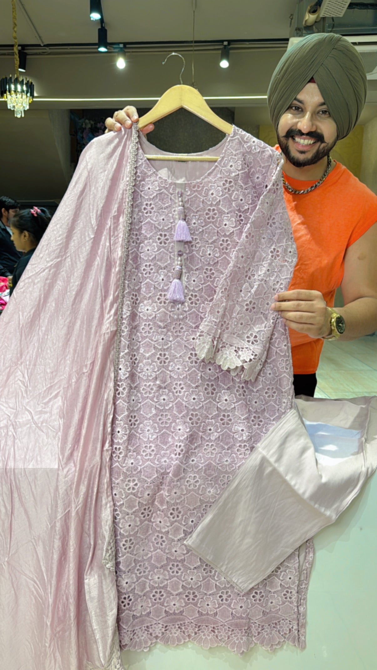 Lilac Crochet & self Sequins Indo Western Straight Suit with Beautiful Duppata