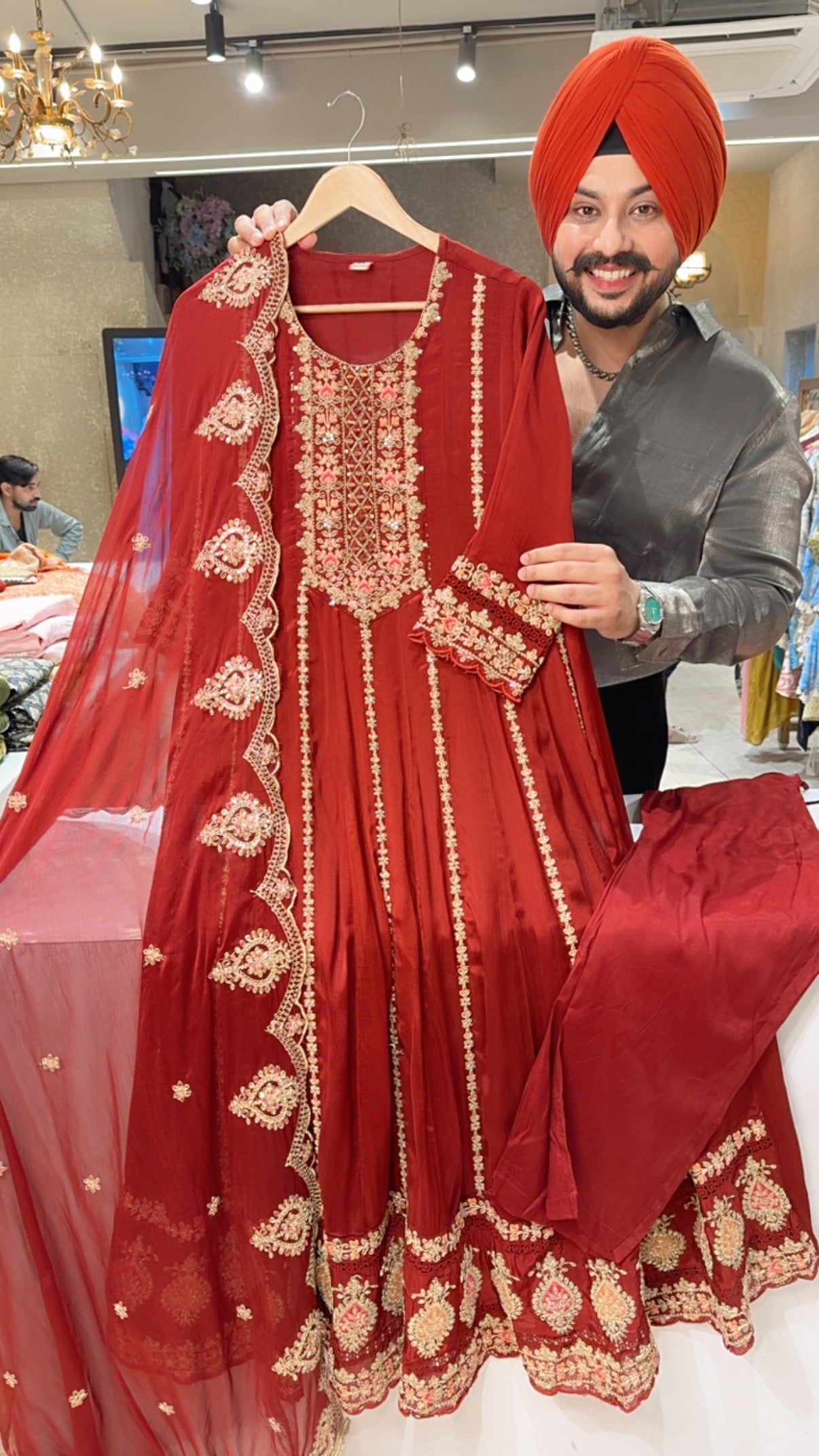 Deep Rust Chinon Full Flair Fully Embroidered Party Wear Anarkali suit
