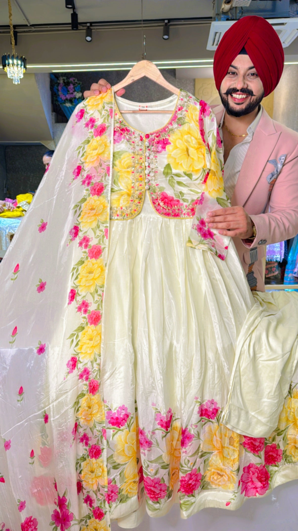 Off White Crepe Floral Print Full Flair Anarkali Suit with Embroidered Jacket