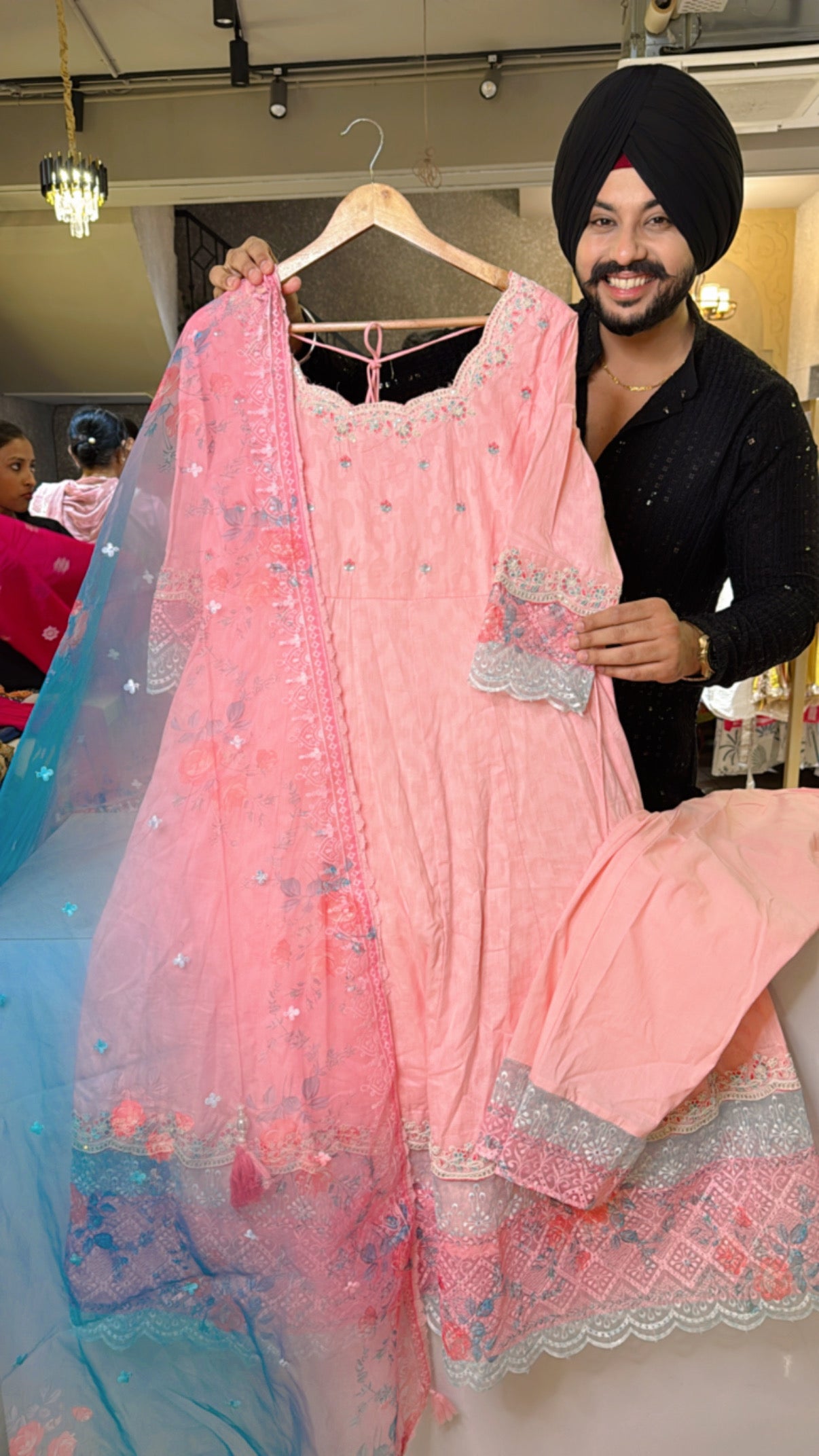 Pink Jacquard cotton Designer Neck Embroidered Anarkali Suit with Beautiful Organza Duppata