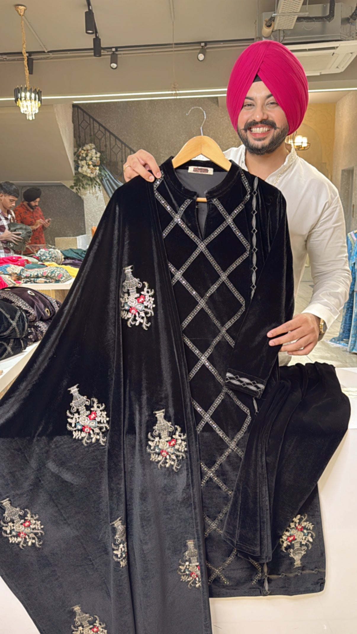 Black Heavy Velvet Fully Stretchable party Wear Straight Suit with Heavy Embroidered Duppata