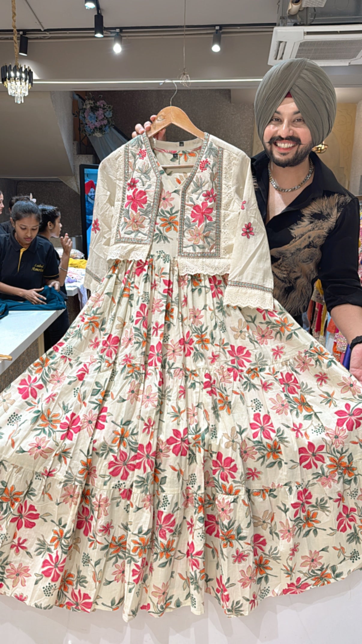 Off white & pink Pure Cotton Indo Western Dress with embroidered Short Jacket