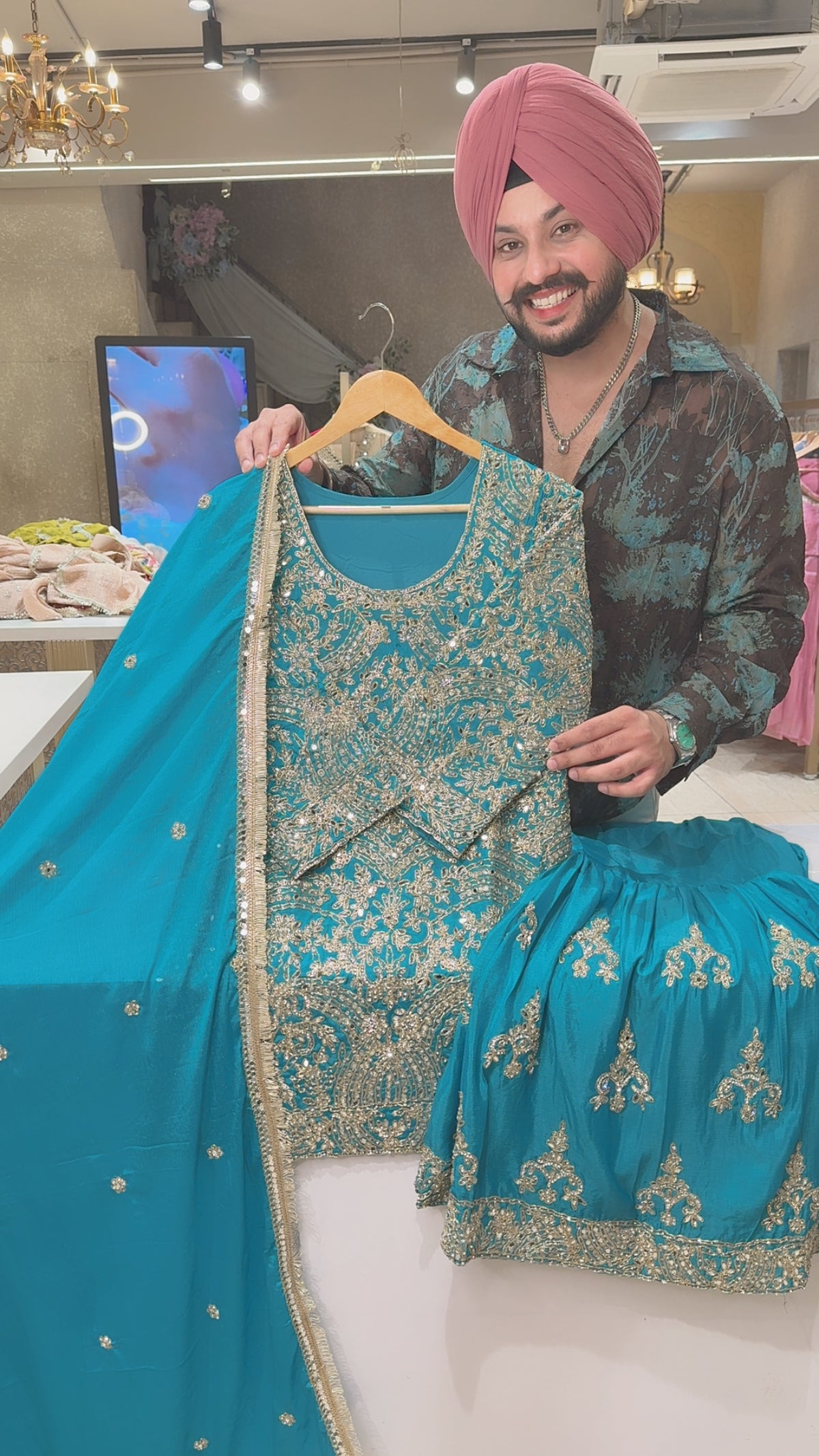 Firozi Chinon Fully Hand Embroidered & Mirror Pasting Wedding Wear Garara Set with Beautiful Duppata