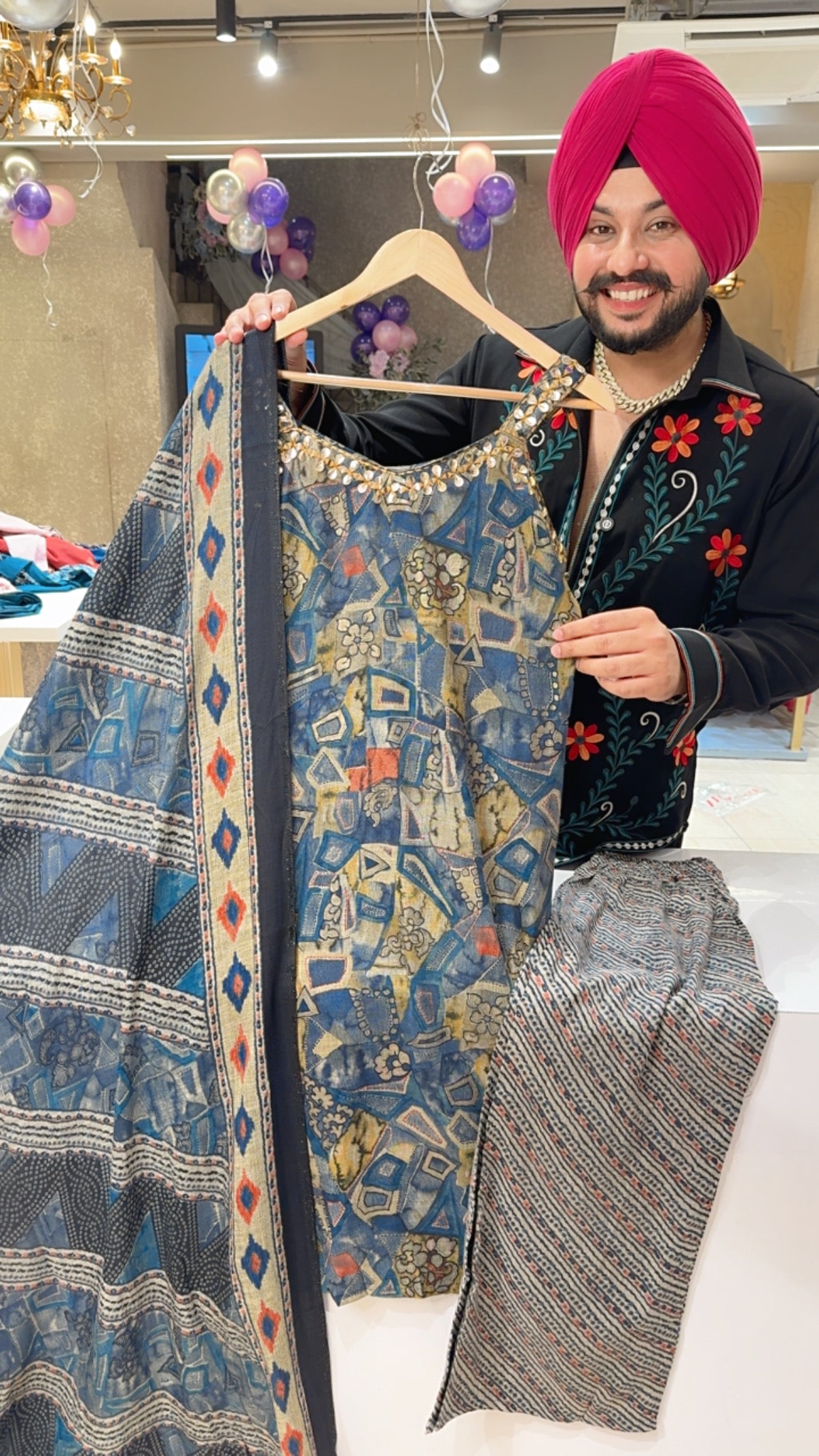 Blue Rayon Strap Sleeves Indowestern Straight suit with beautiful hand work on neck