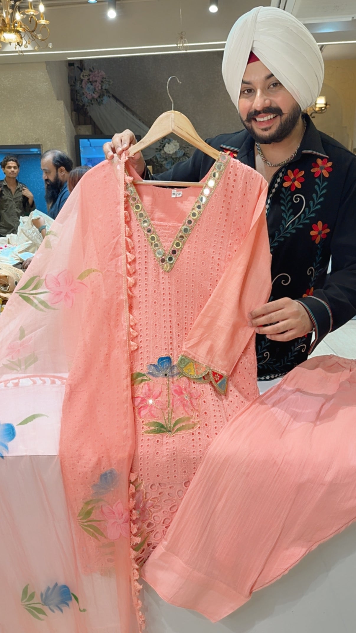 Peach Pure Cotton Heavy Cutwork & Floral Embroidered Indowestern Farshi Salwar Suit with Hand painted organza Duppata