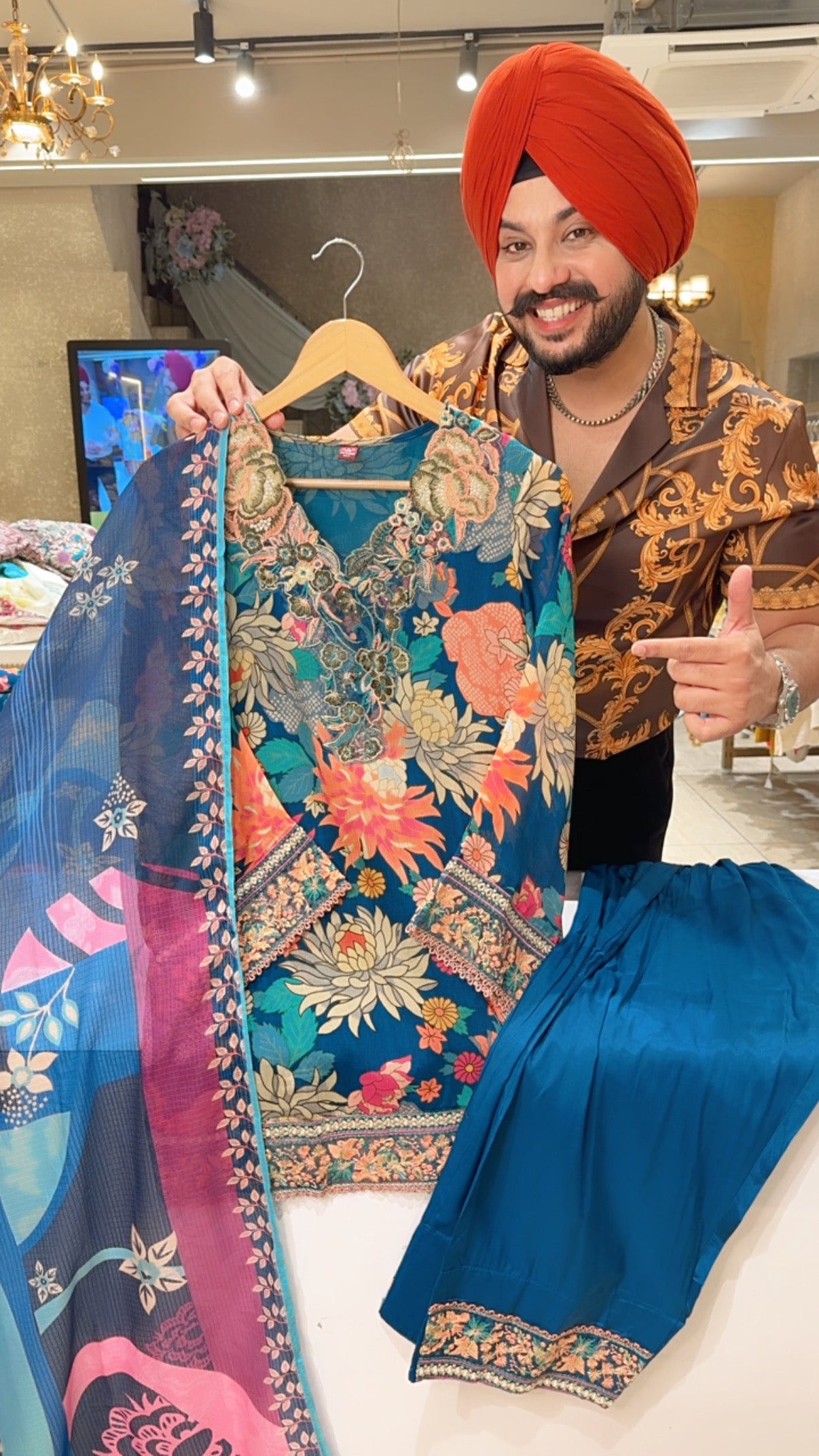 Teel Blue Chinon Beautiful Embroidered Farshi Salwar Indowestern Suit with Kota Doria Duppata