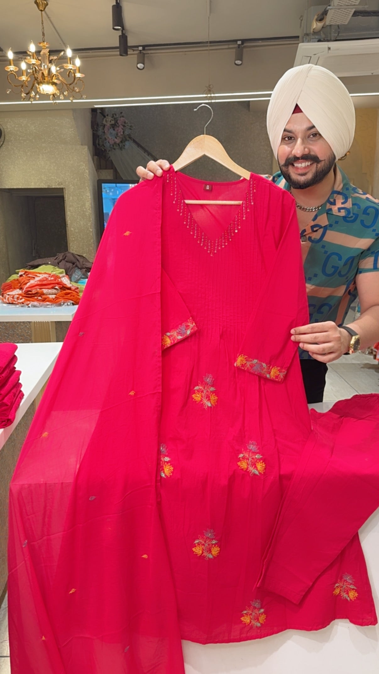 Hot pink Soft Cotton Office wear A-line suit with beautiful embroidery Work on it