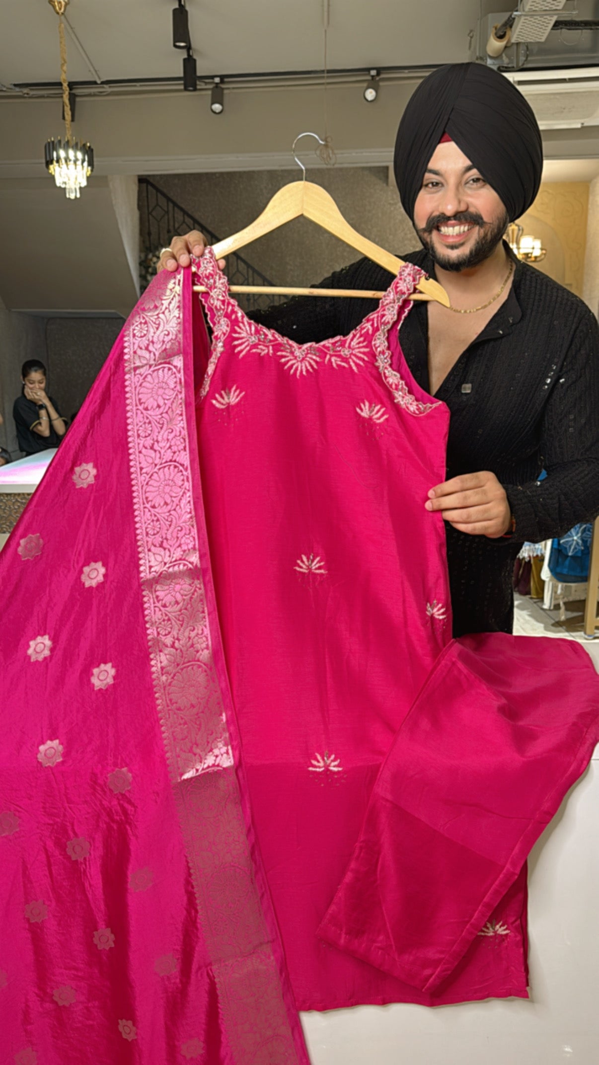 Rani Pink Soft Silk Hand Embroidered Strap Sleeves Straight Suit with Banarasi Look Duppata