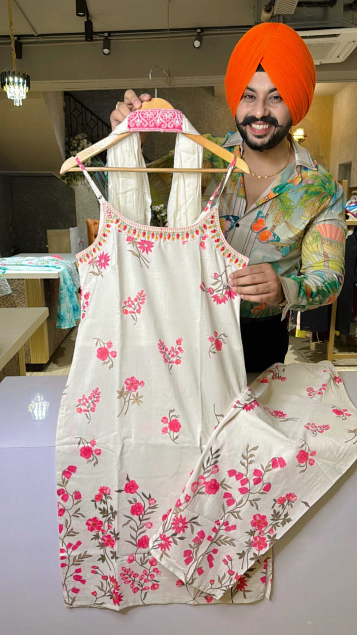 Off white & pink Soft khaadi Noodle Sleeves Indowestern Suit with Sleek Necklace Duppata