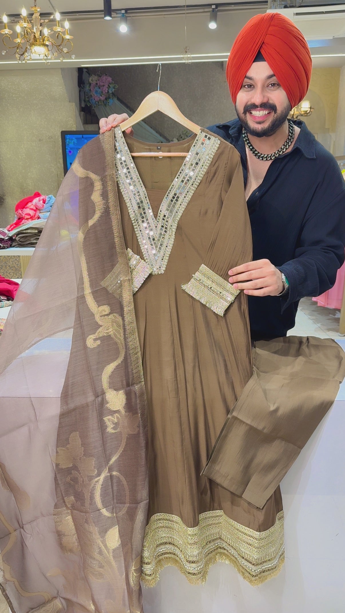 English Brown Mal Chanderi Mirror & Pearl Work Party wear Anarkali