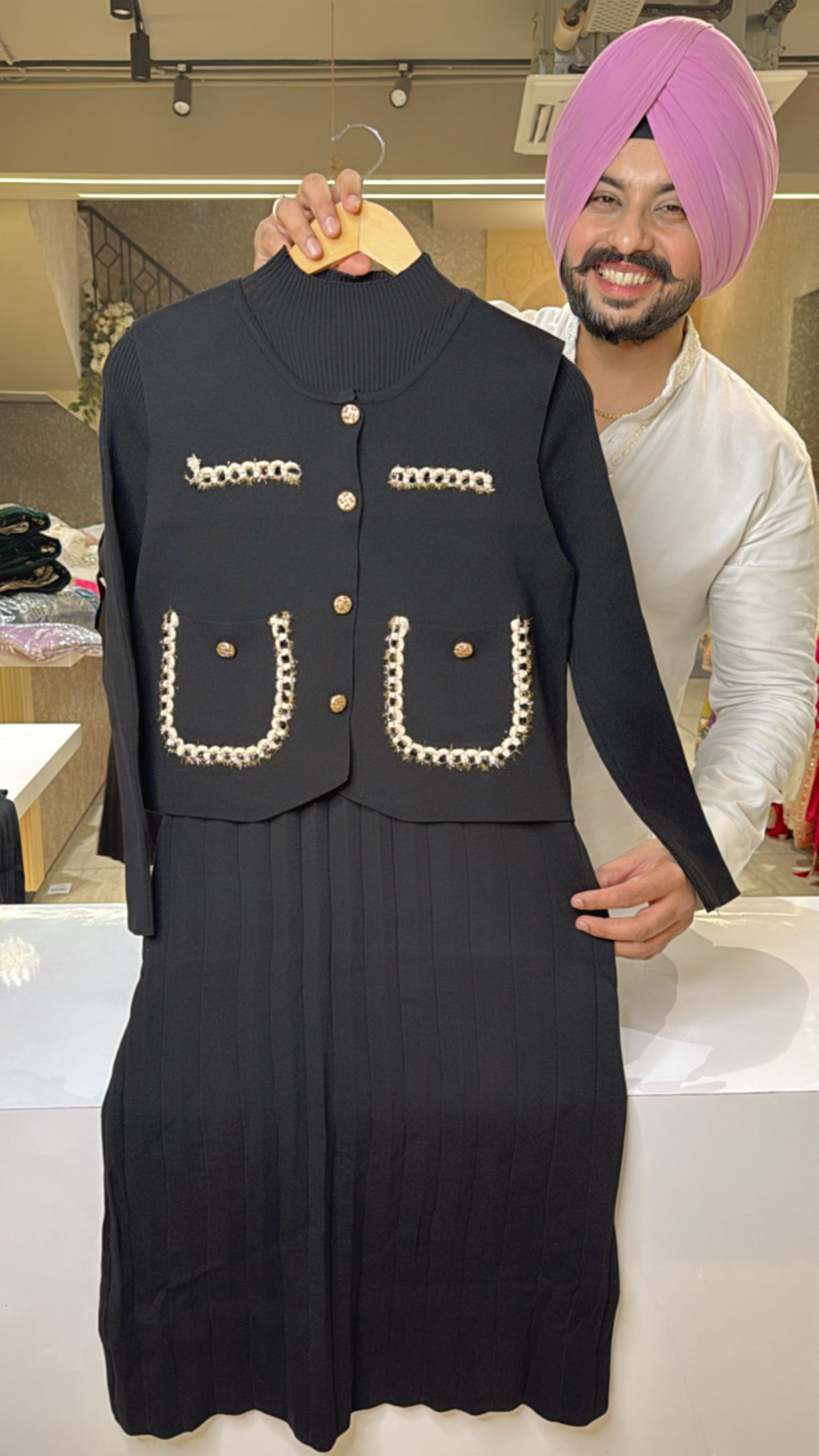 Black Imported woolen knee length Dress with embroidered woolen jacket