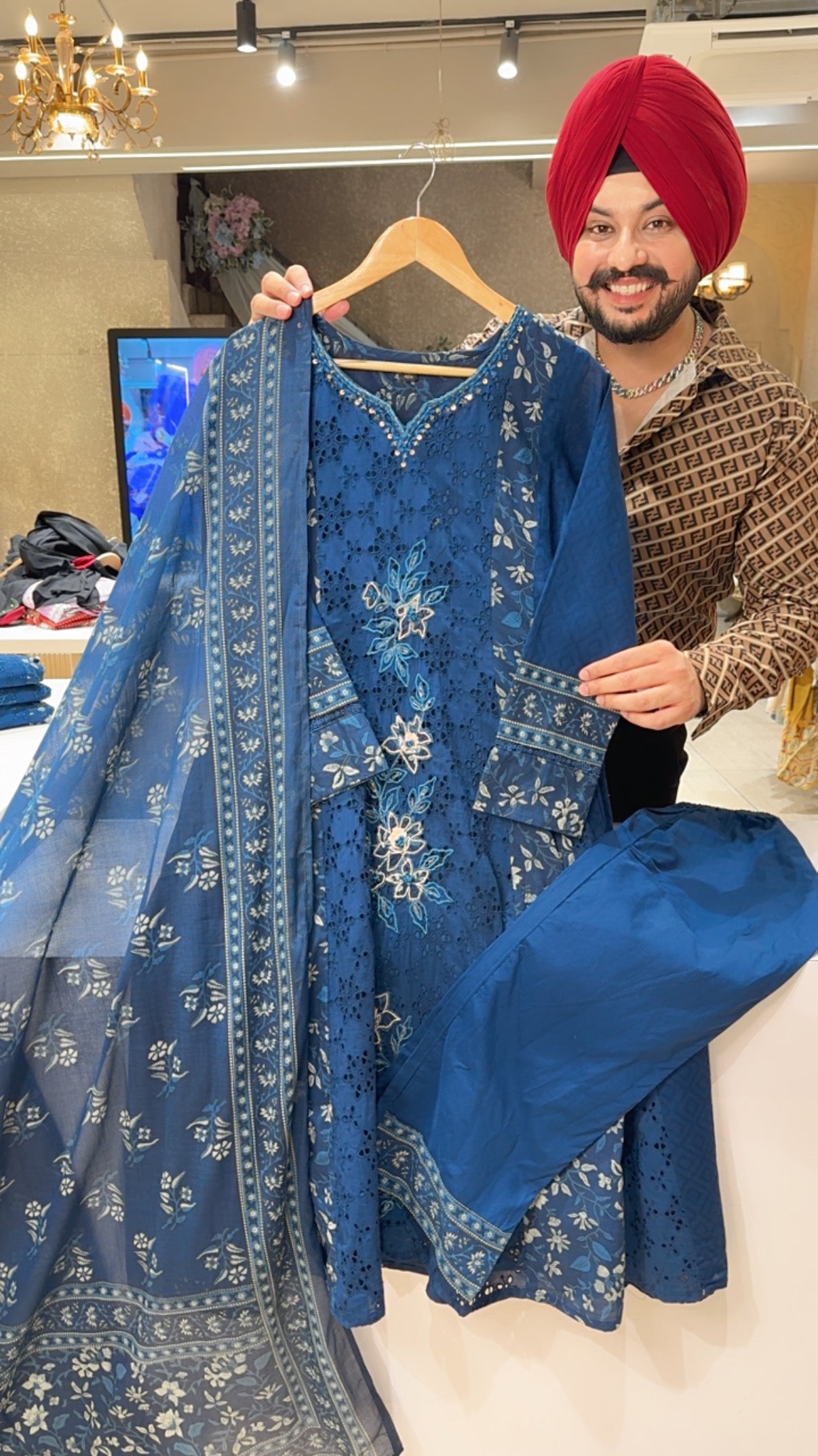 Blue Cotton Shifli & Embroidered Semi Party Wear Anarkali suit