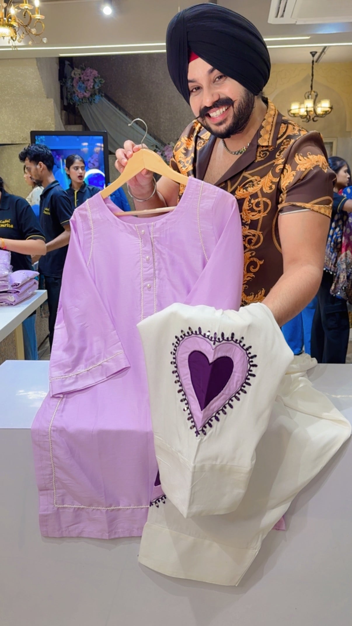 Lilac Soft Slik Long Length Farshi Salwar Coordset with Beautiful Heart Embroidery work on the Farshi