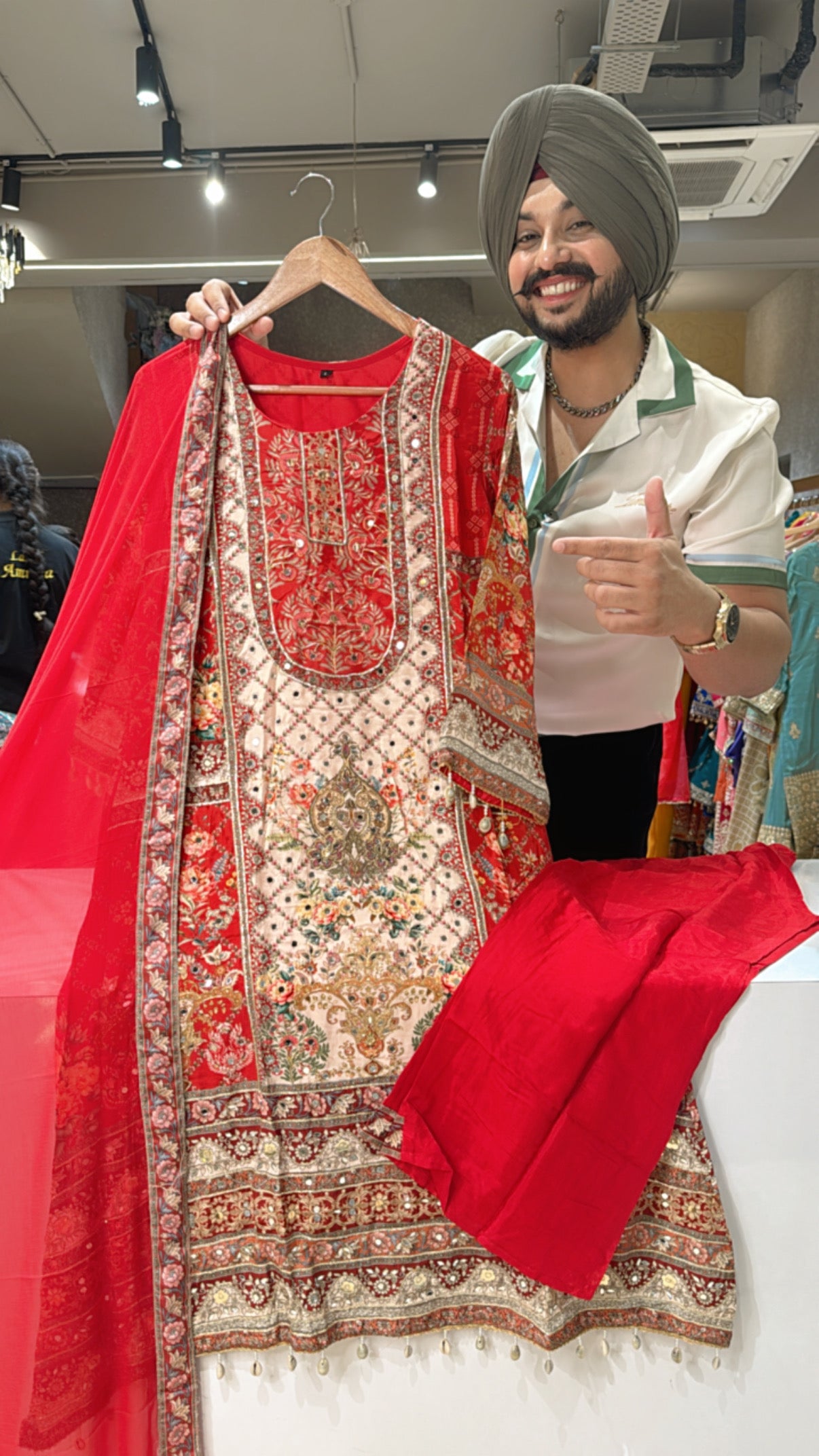 Red Viscose Crepe Heavy embroidered A-line Suit with Beautiful Chiffon Duppata