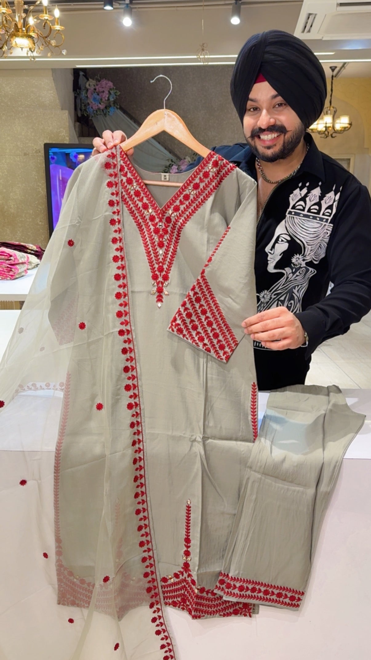 Grey & Maroon Soft Silk Front & Back Embroidered Semi Formal Suit with Beautiful organza Duppata