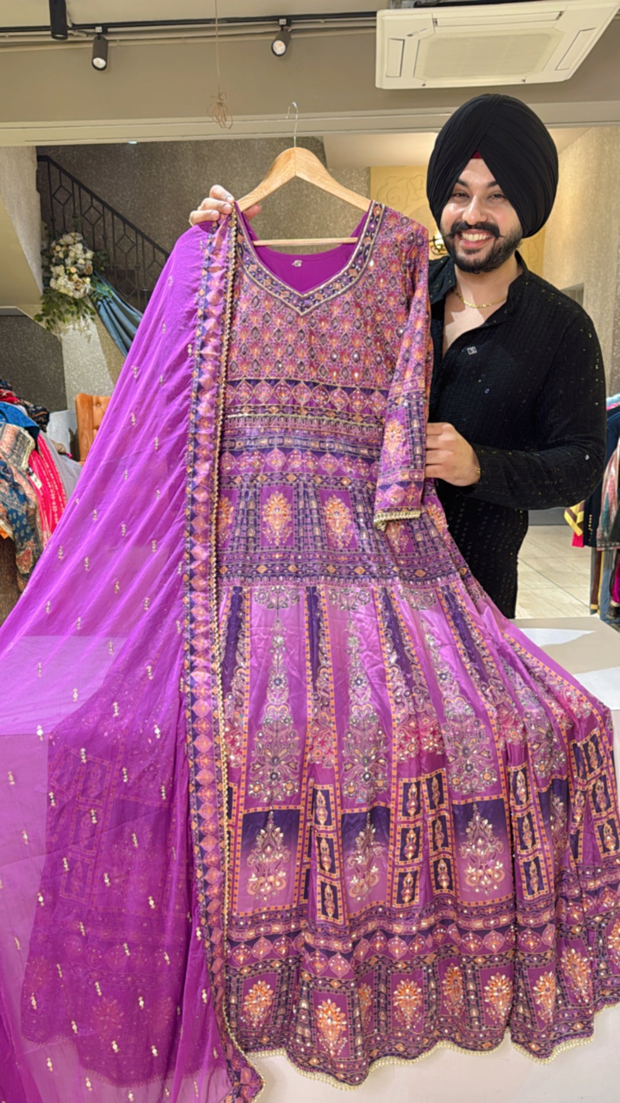 Purple Crepe Heavy embroidered Full Flair Anarkali gown with Beautiful Duppata