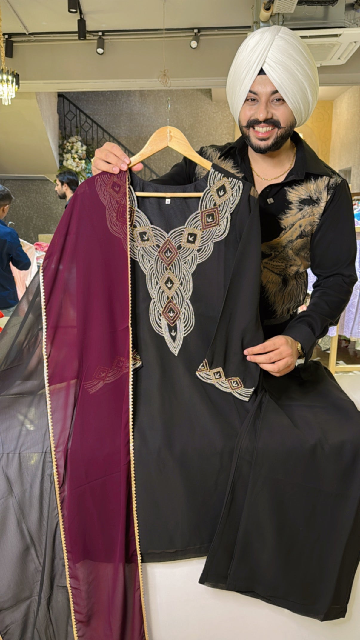 Matt Black Georgette Indowestern Suit with Beautiful Pearl Hand work on neck