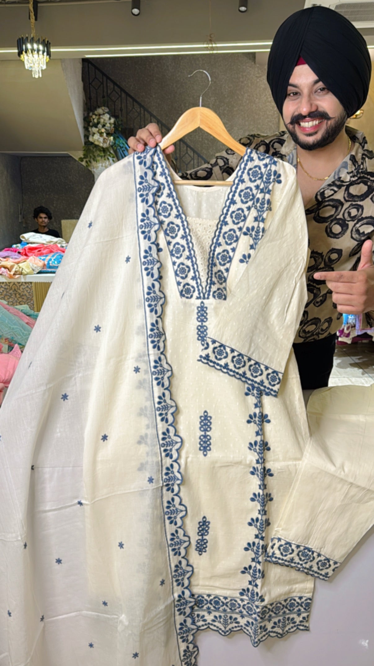 Off white & blue Kora Cotton Heavy embroidered Straight Suit with Beautiful Embroidered Duppata