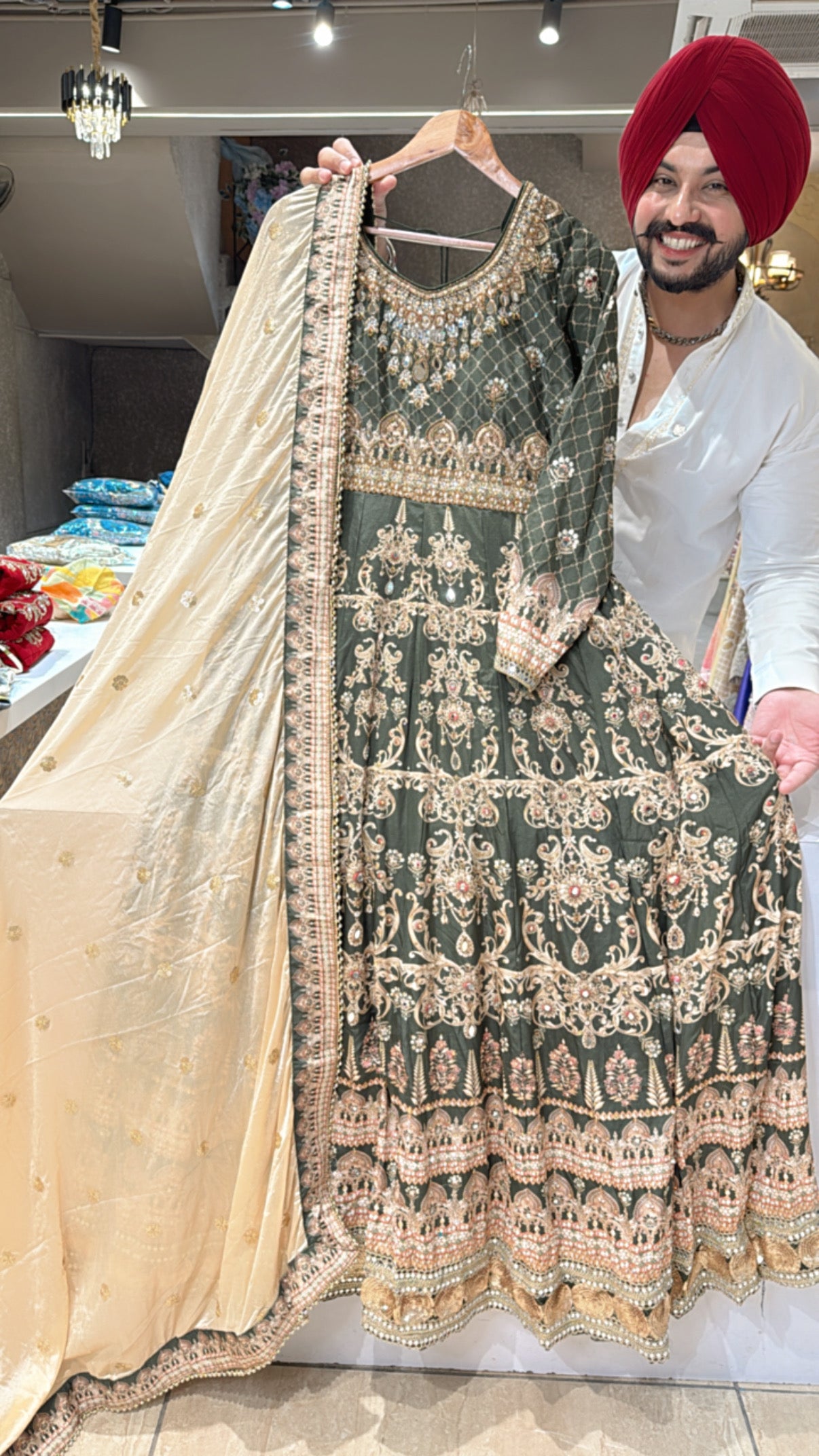 Dark Mehendi Green Crepe Heavy Hand work & Mirror Pasting Anarkali Gown with Chinon Sequins work Duppata