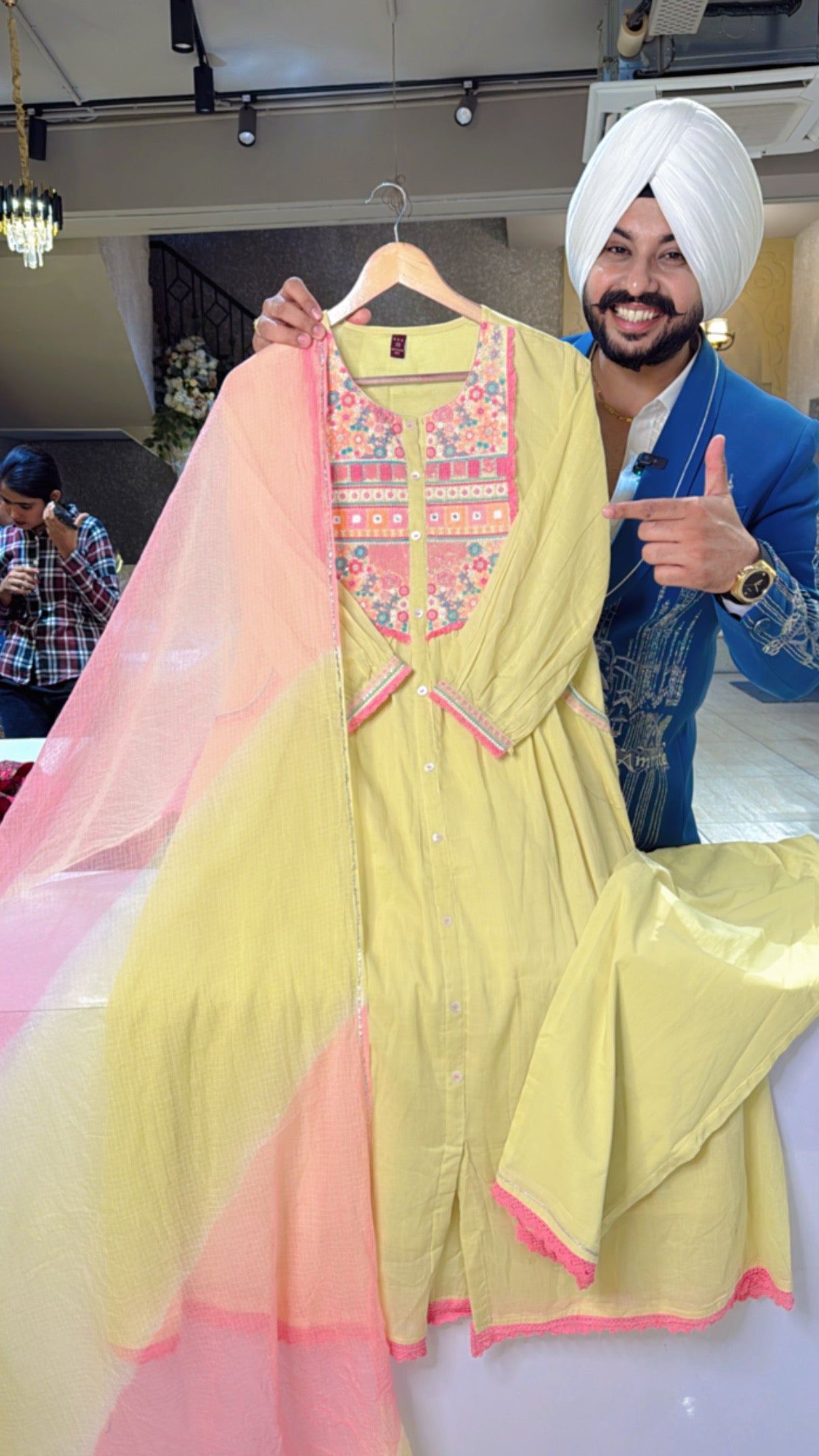 Lemon Yellow Mal Cotton A-line Indowestern Suit with Kota Doria Duppata