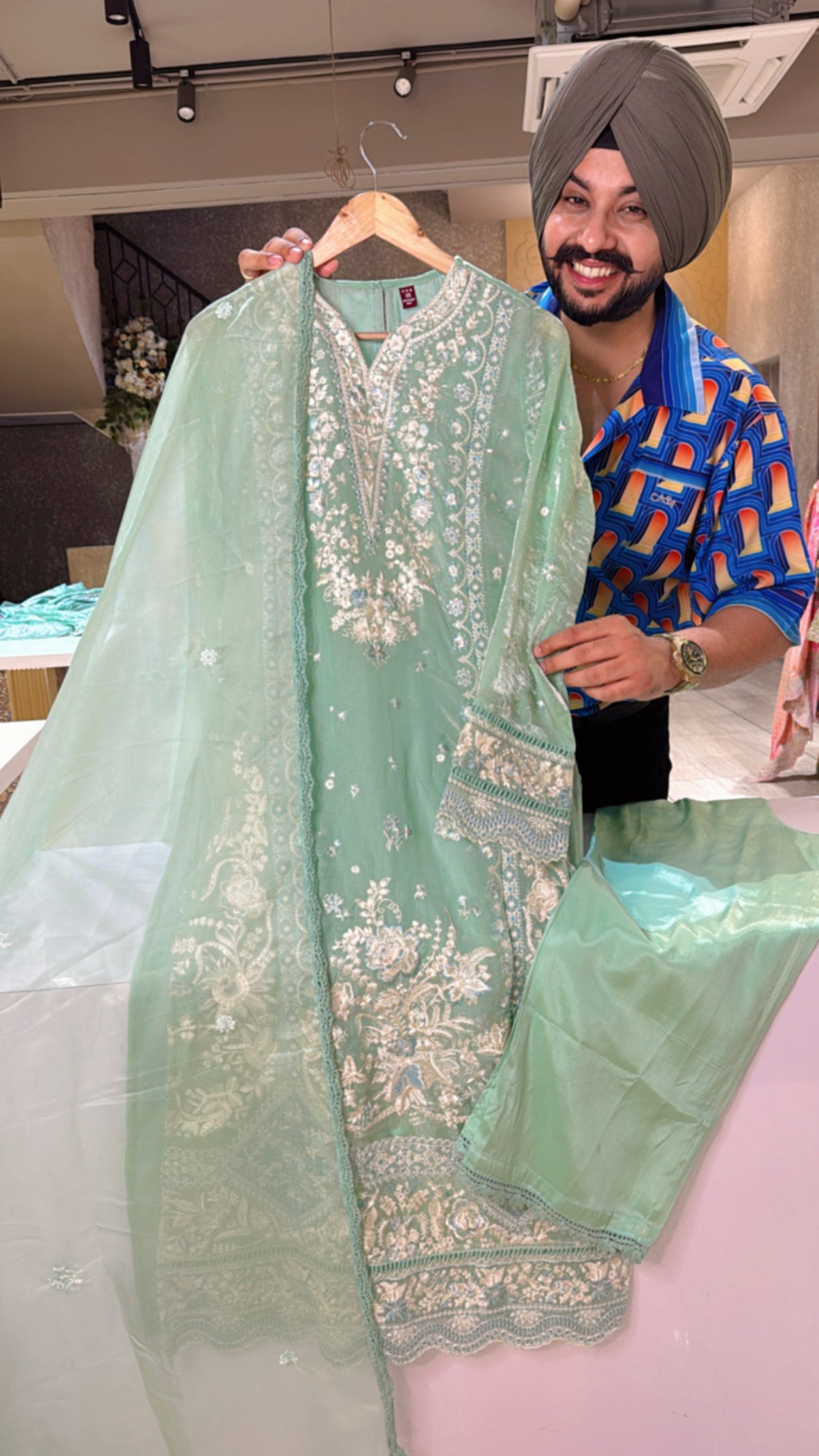 Seagreen Crush Organza Heavy Embroidered Pakistani Suit with Beautiful Organza Duppata