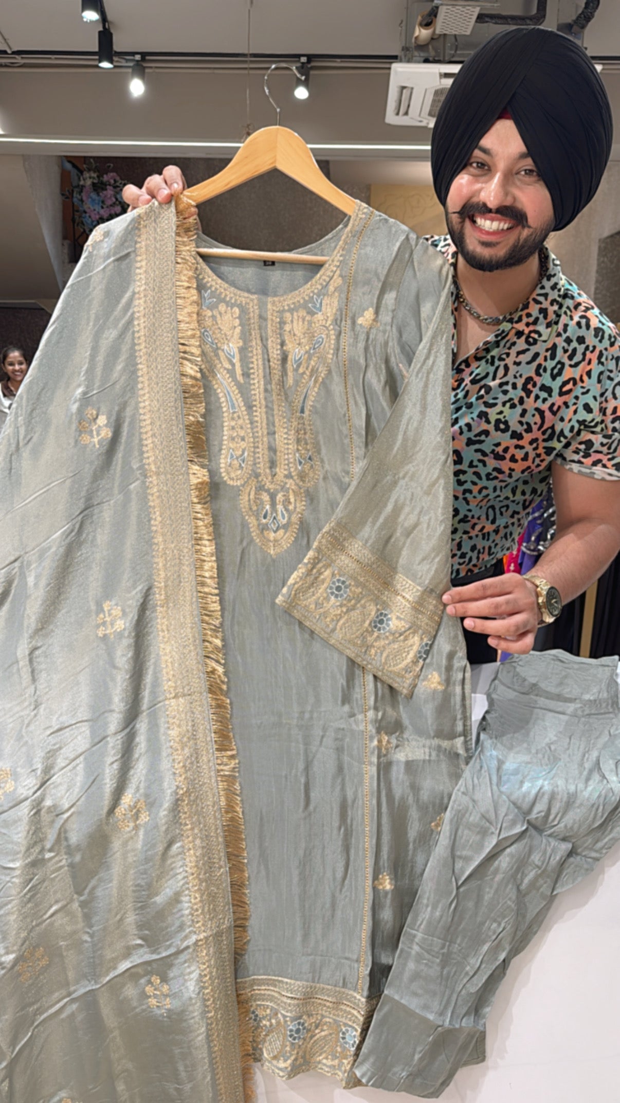 English Grey Shimmer Organza Heavy embroidered Straight Suit with Heavy kiran Lace & Embroidered Duppata