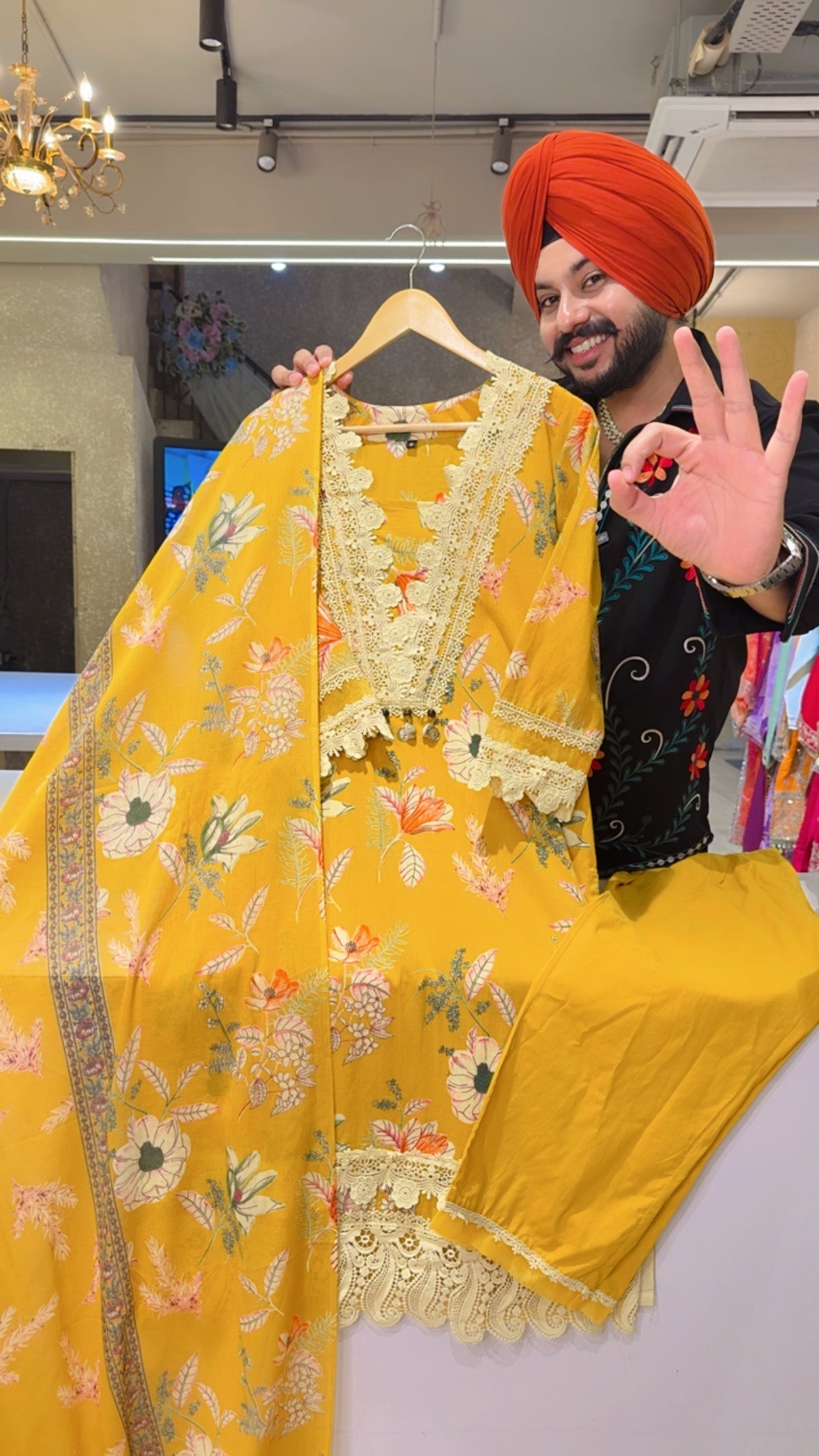 Turmeric Yellow Cotton Heavy Crochet work Pakistani suit with Beautiful Duppata