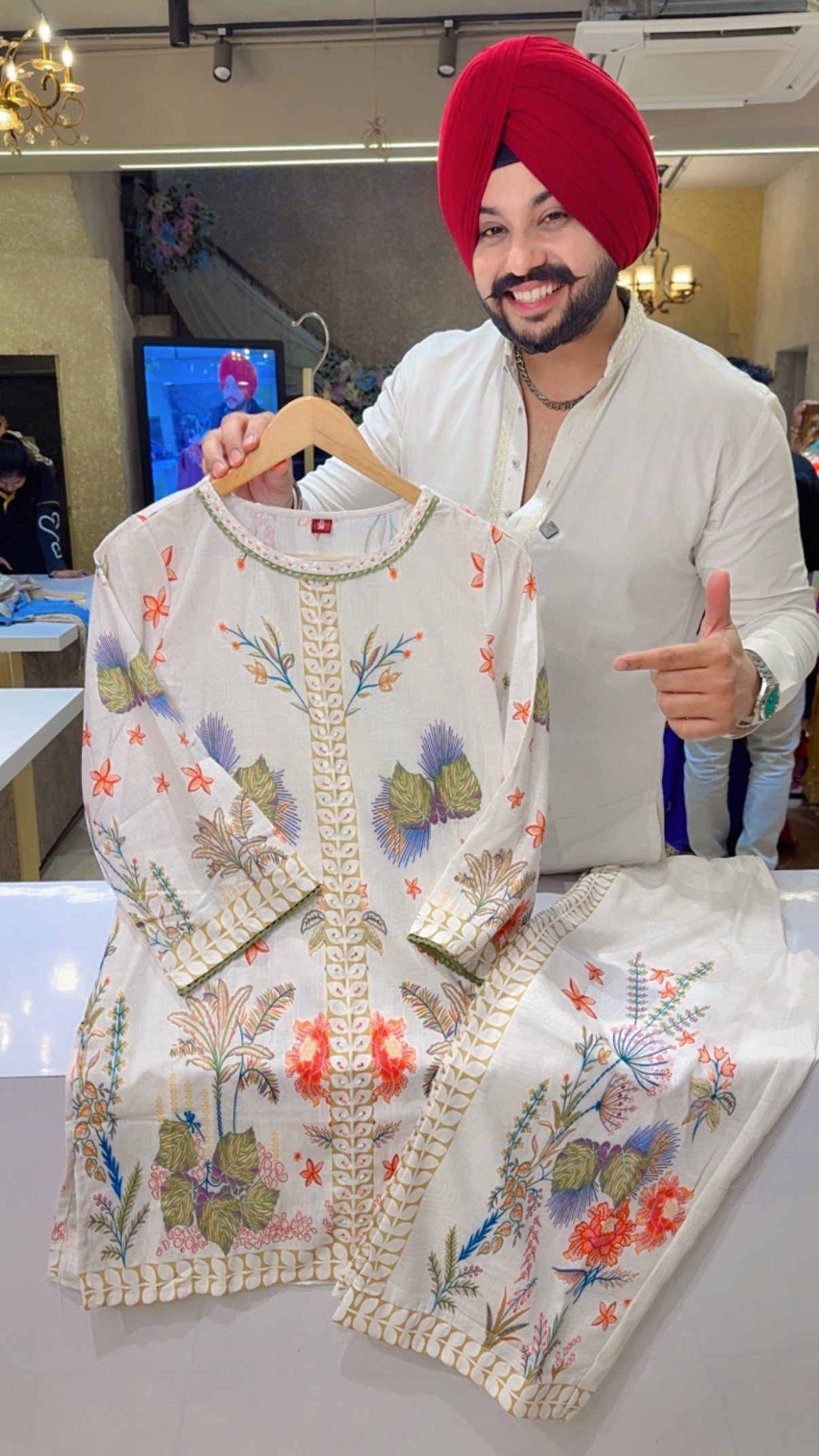 Moon White & Mulicolored Soft Slub Cotton Office Wear Coord set with Sleek Pearl Work on it