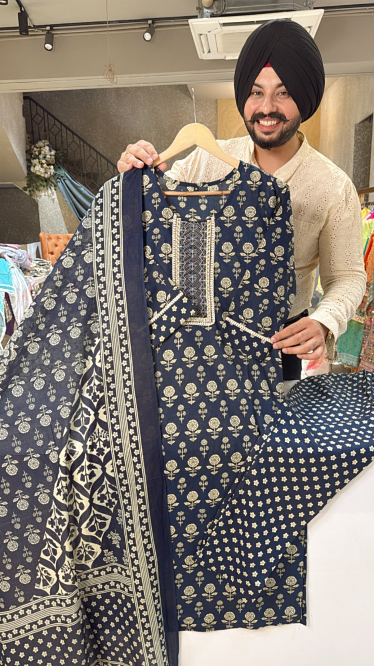Navy Blue Pure cotton Office Wear suit with Sleek embroidery Work on neck