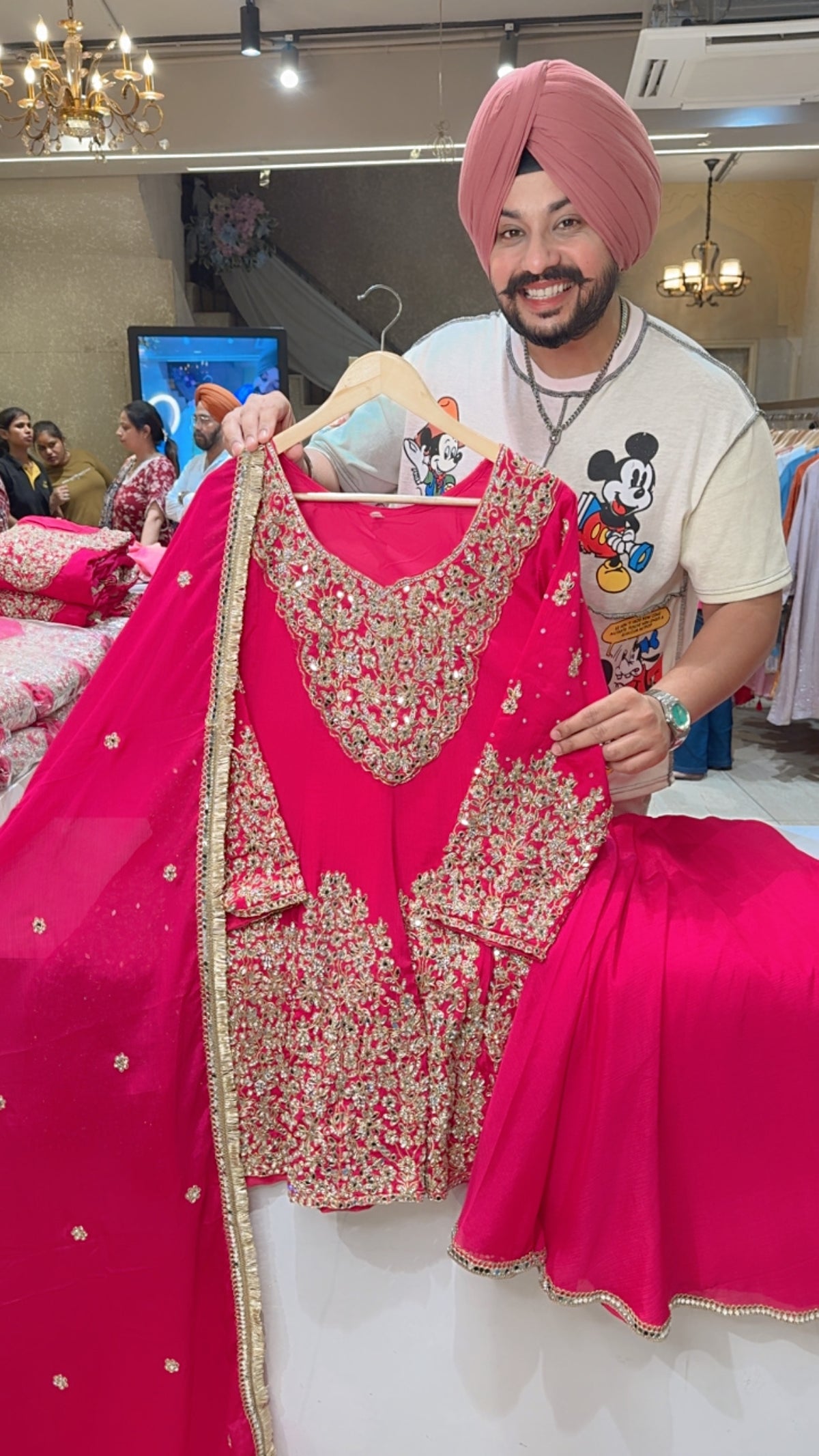 Rani pink Chinon Front & Back Heavy Hand embroidery & Mirror Pasting Paplum Sharara Suit