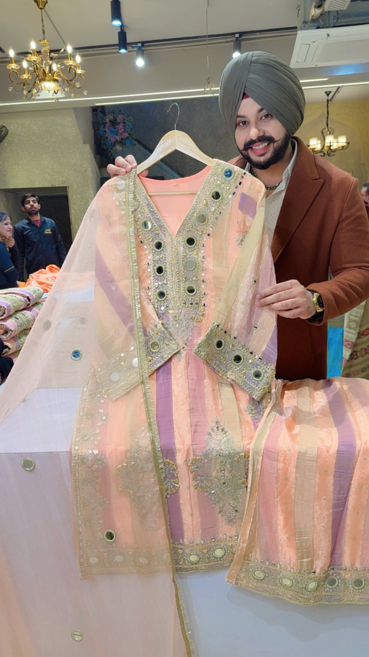 Peachish Pink self Textured Soft Silk Mirror & Hand Embroidered Plazo suit with Beautiful Mirror Work organza Duppata