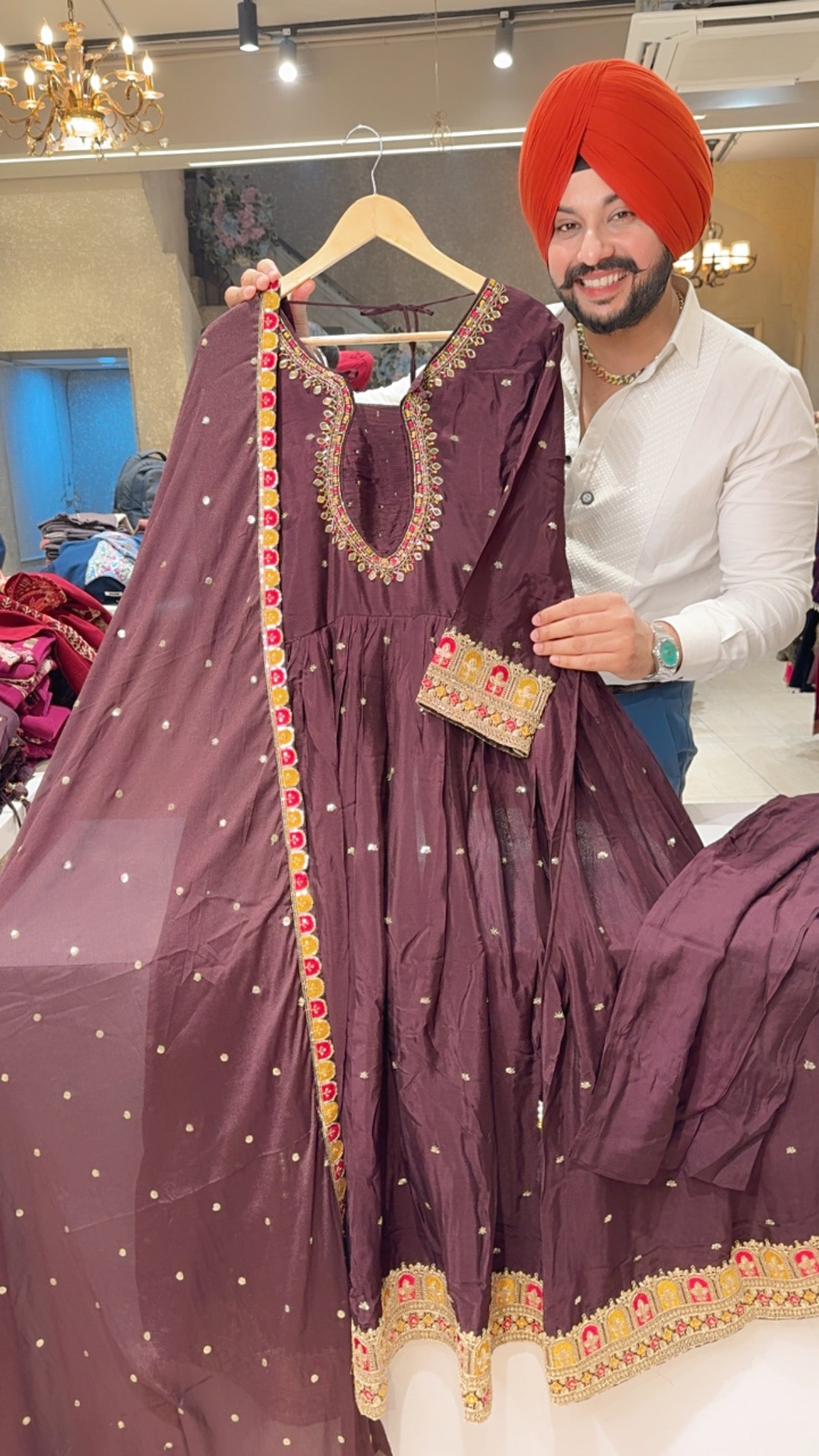 Winish Brown Chinon Full Flair Designer Neck Hand embroidered Full Flair Anarkali suit