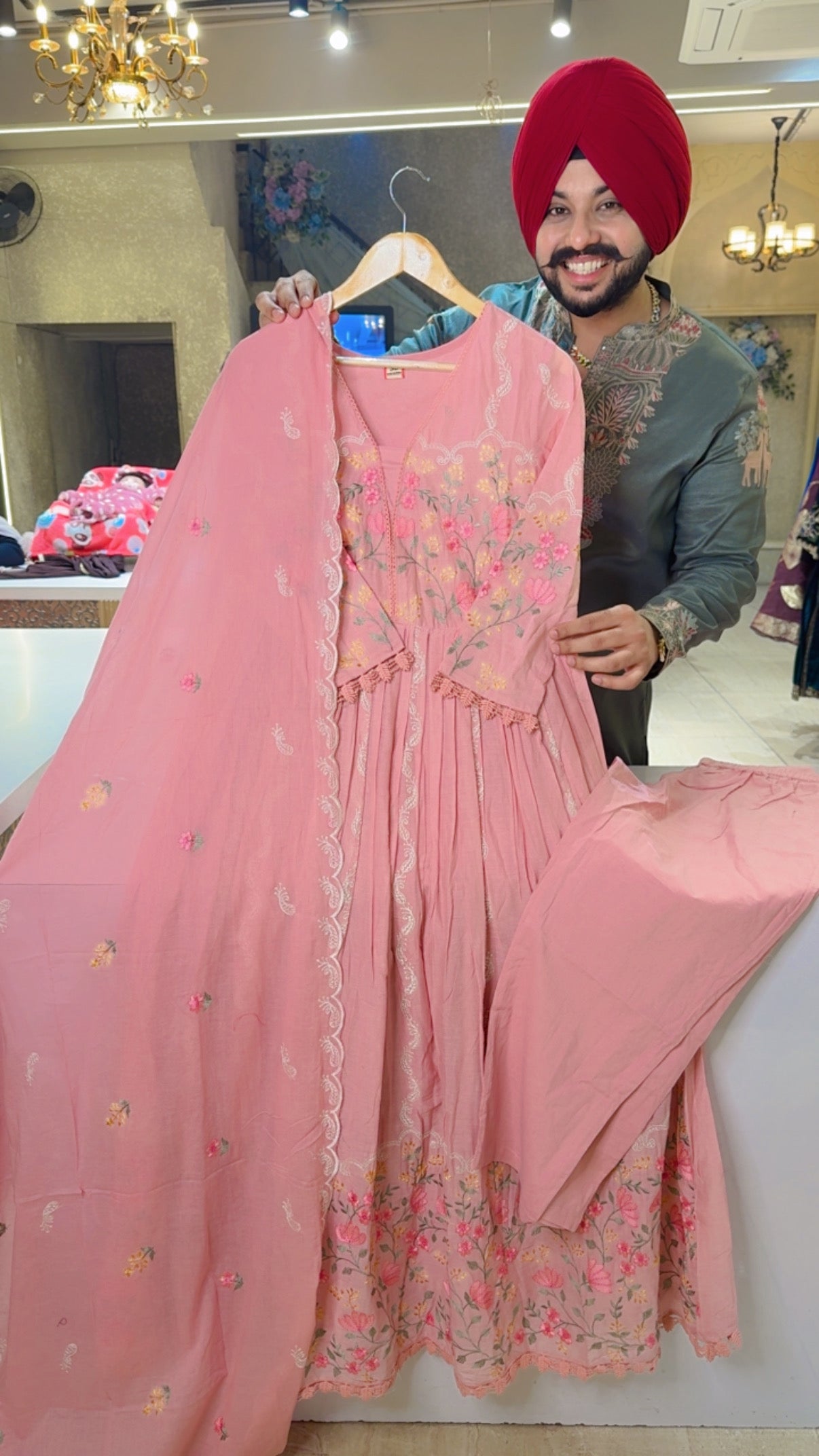 Pastel Pink Premium Mal Cotton Fully embroidered Full Flair Anarkali suit