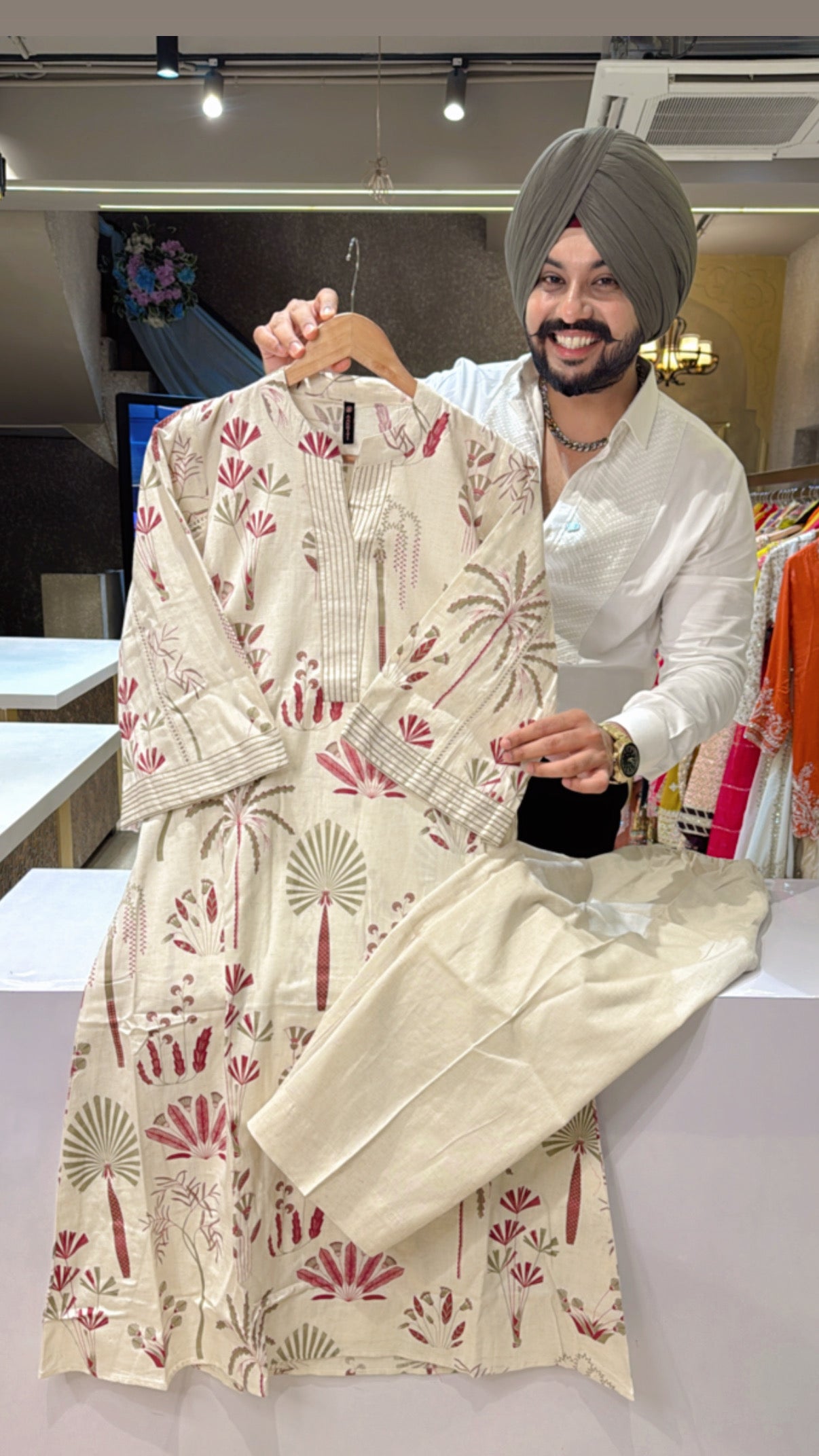 Off white & Maroon Soft Khaadi A-line long length Office Wear Coord set