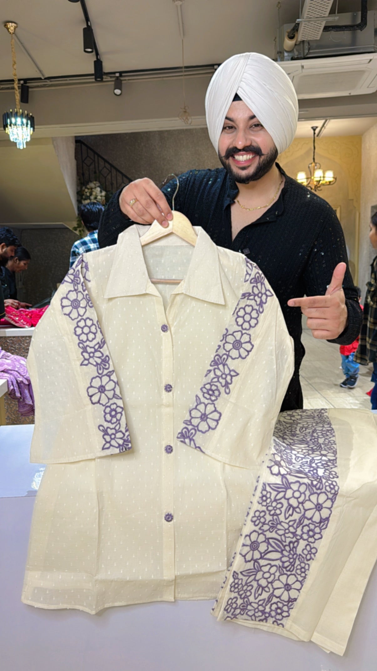 Off white & purple Kora Cotton Collar neck Coord set with Embroidered Work on sleeves & Plazo