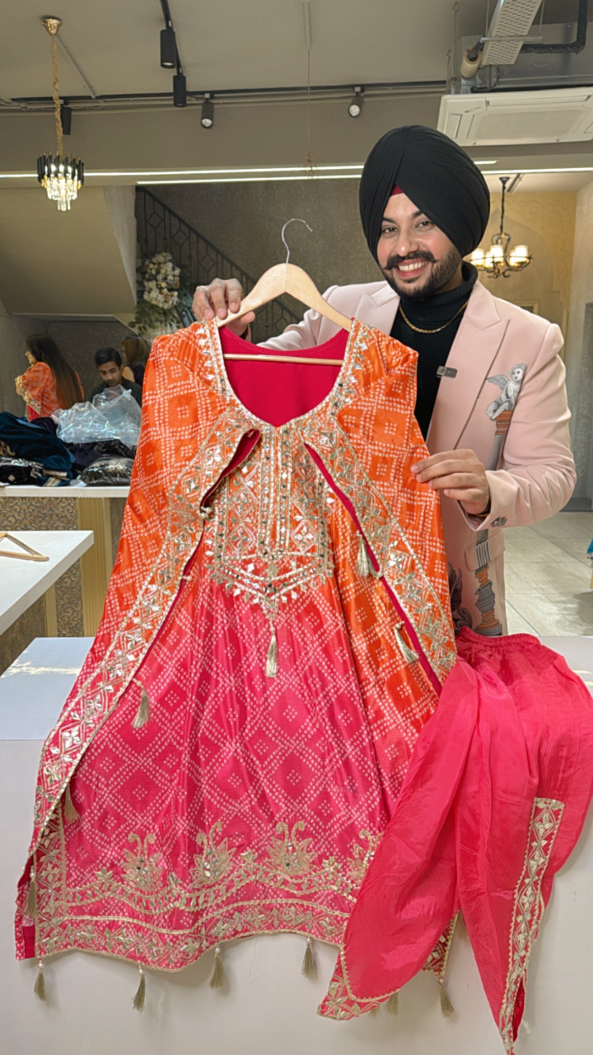 Orange & pink Chinon Heavy Gotta Embroidered Kaftan Set with Tulip Pants