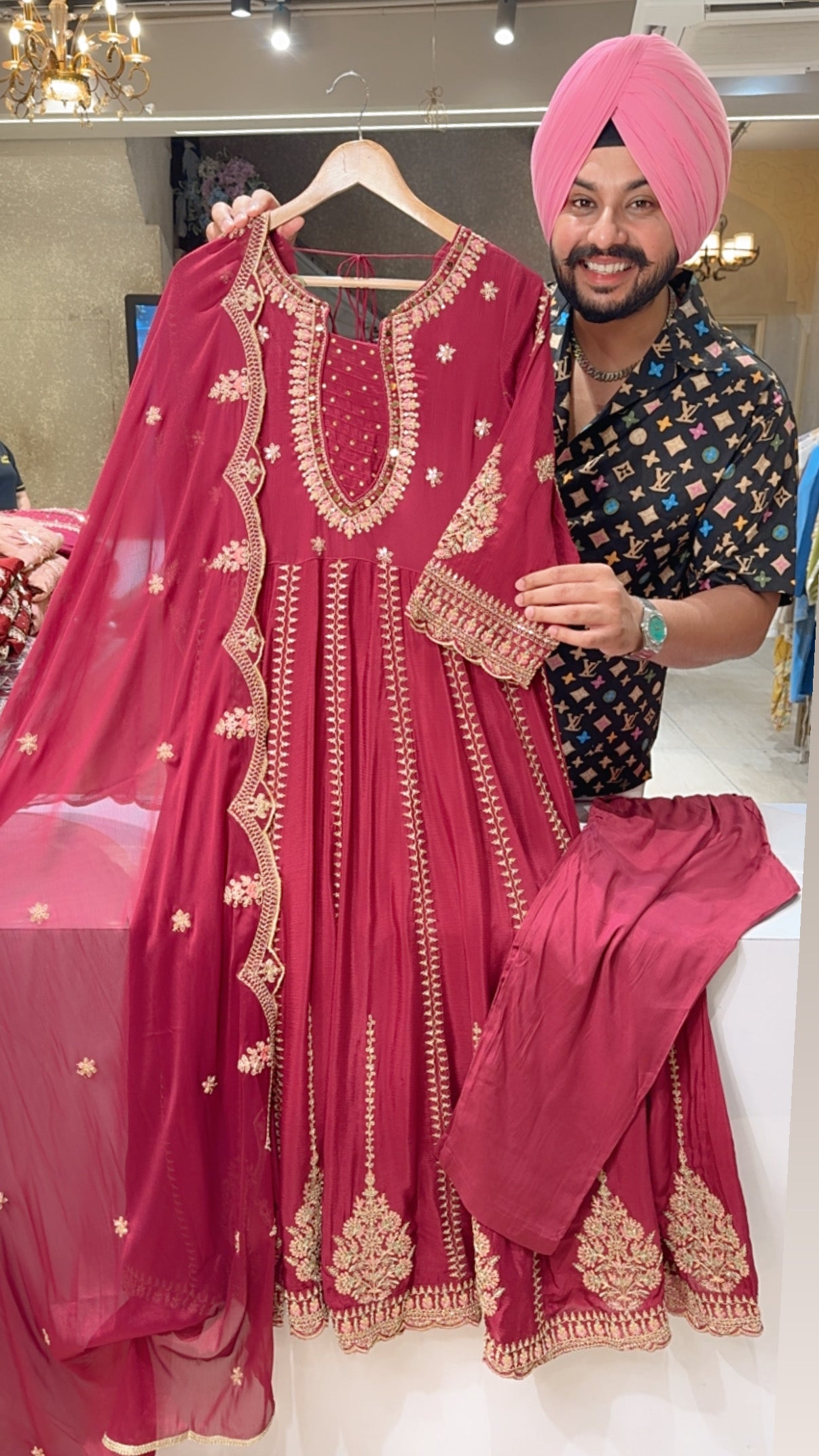 Matt Majenta Premium Chinon Full Embroidered Anarkali Suit with Designer Neck & Back