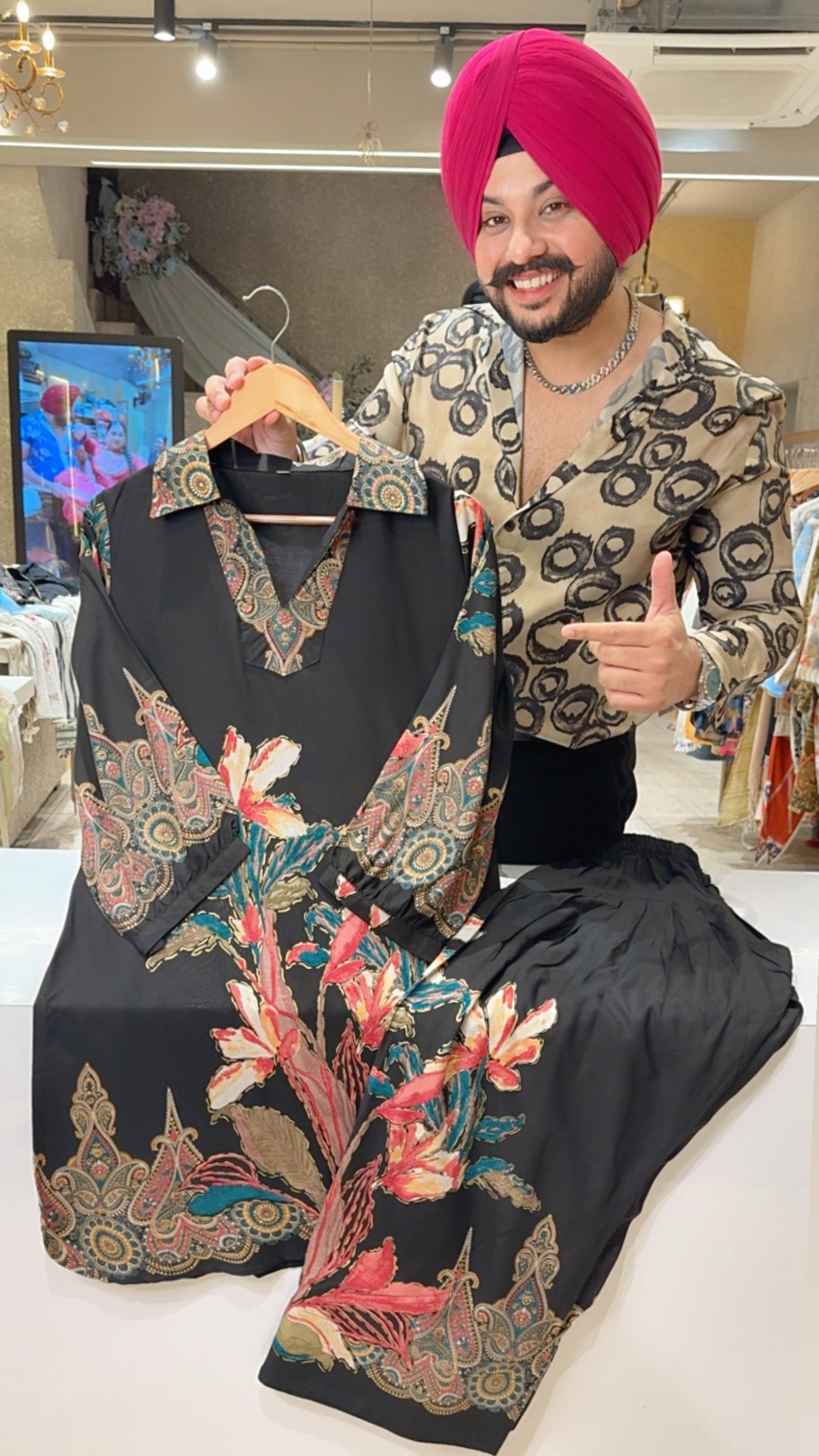 Black Soft Rayon Floral Print Apple Cut Farshi Salwar Coord set
