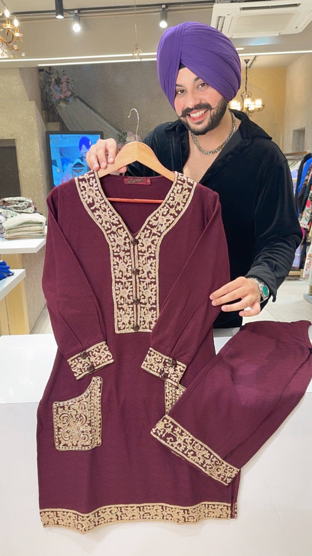 Wine Woolen Long Length Embroidered Coord sets