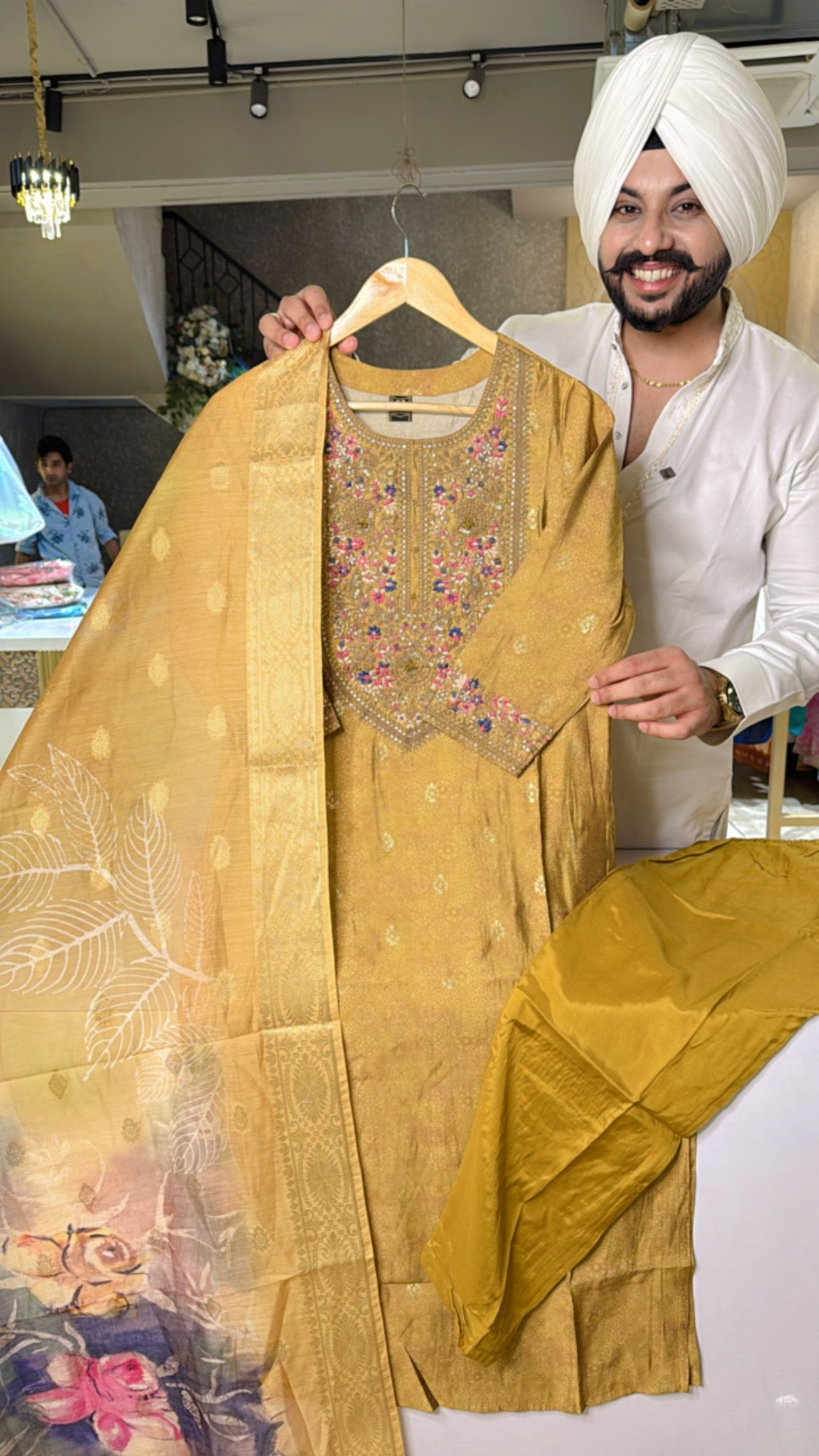 Goldenish Mustard Muslin silk Embroidered Straight Suit with Beautiful Duppata