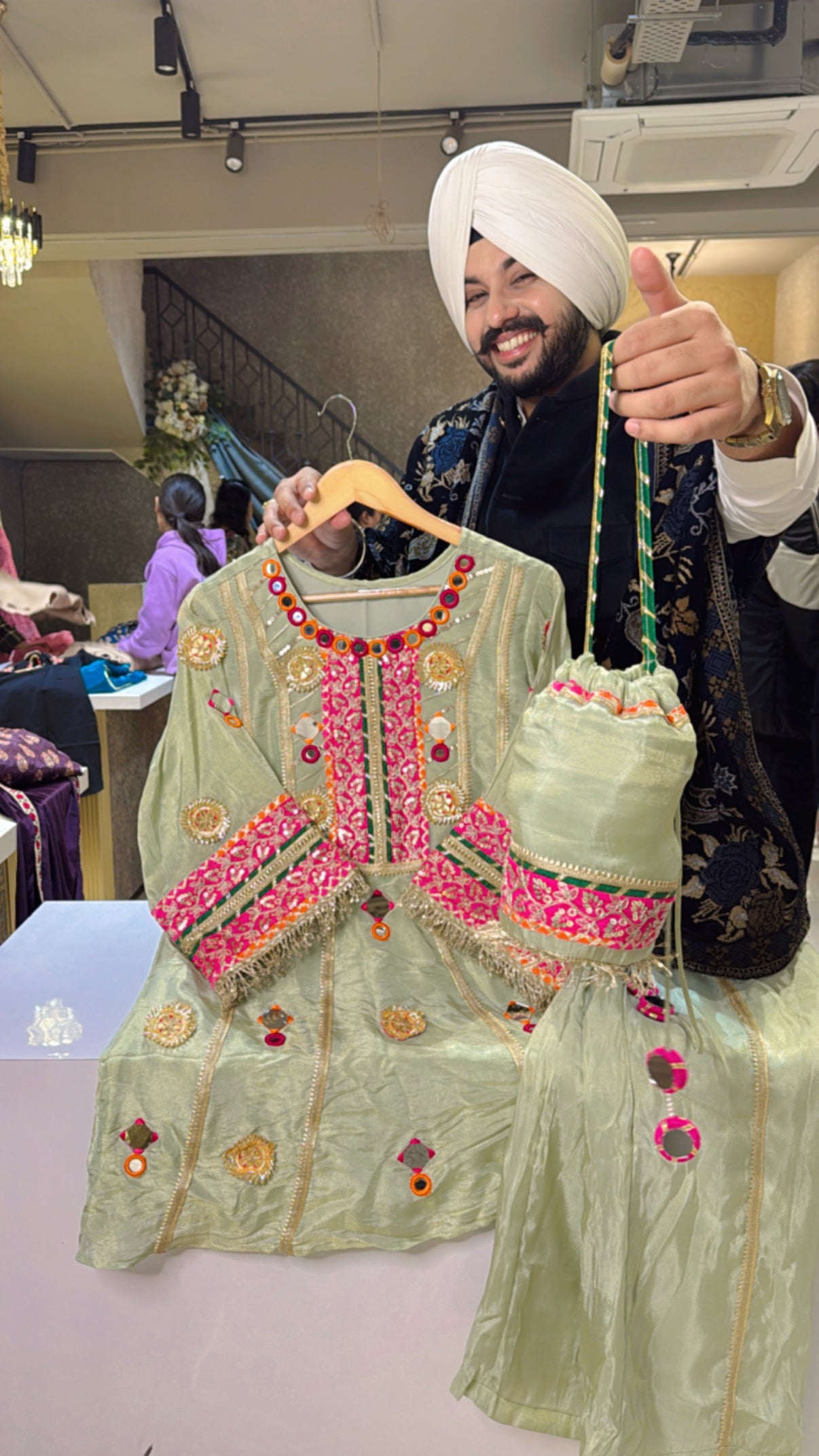 Light Seagreen Shimmer silk Tissue Gotta & mirror embroidered Paplum Coord set with Potli