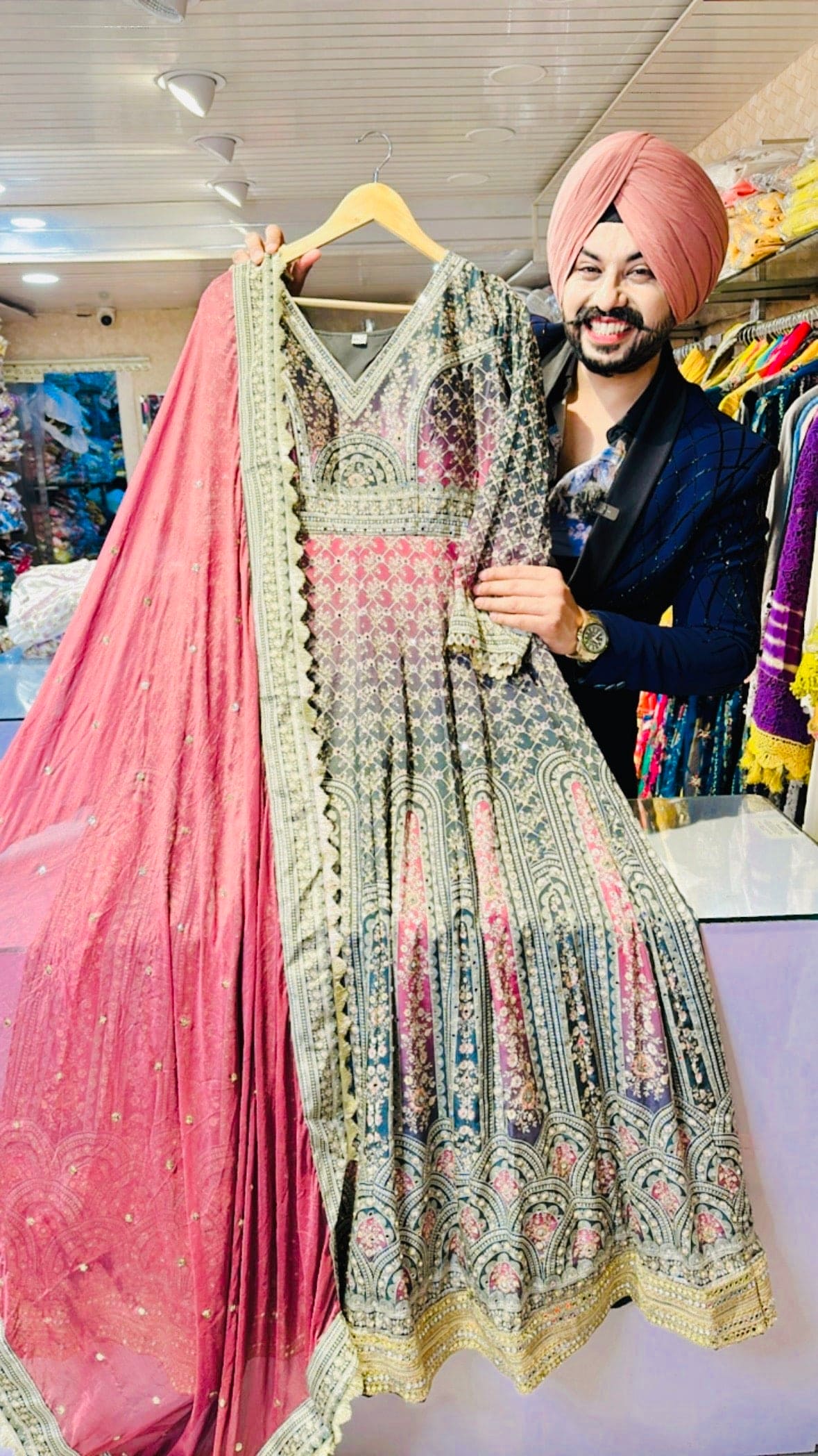 Pink & grey Crepe Handwork Anarkali gown with Beautiful Duppata